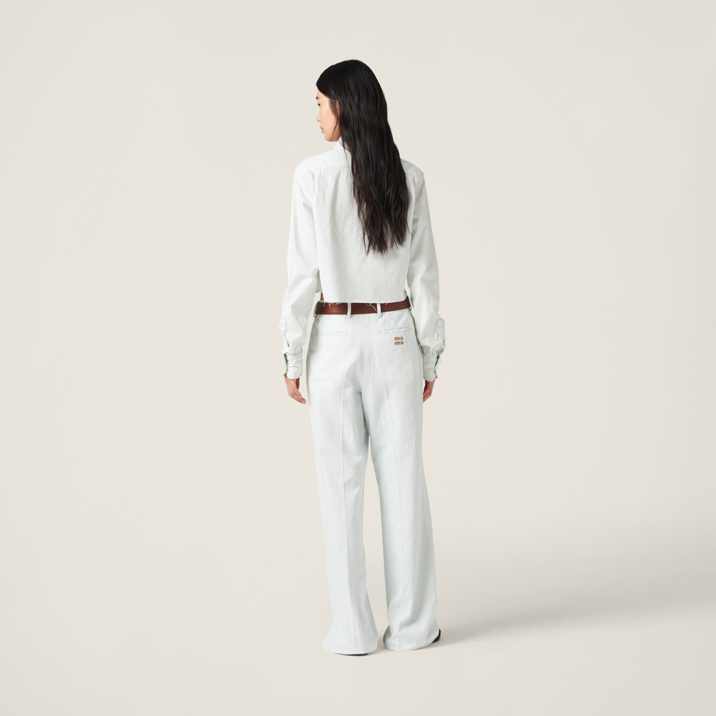 Miu Miu Woman Embroidered Poplin Shirt In Light Blue