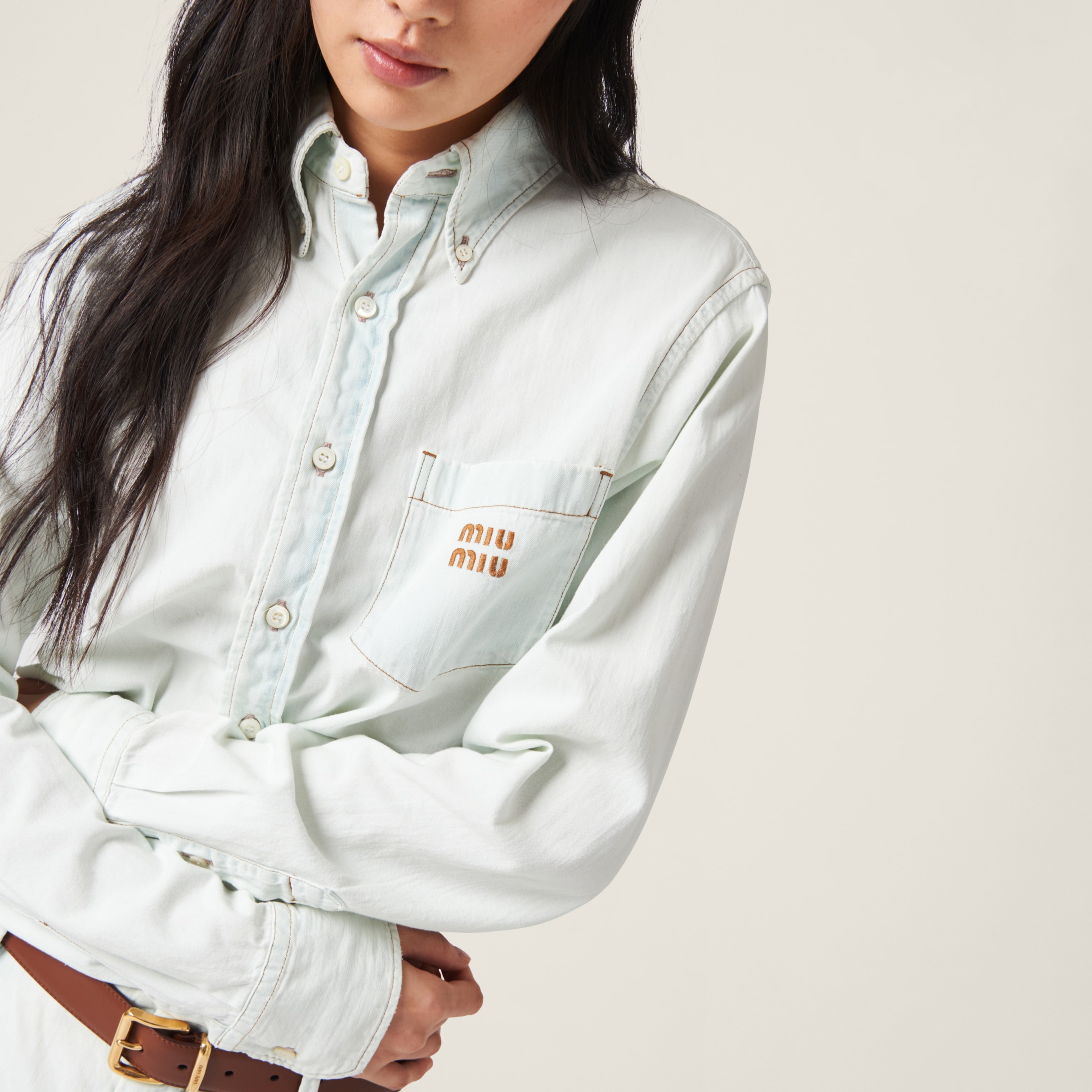Miu Miu Woman Embroidered Poplin Shirt In Light Blue