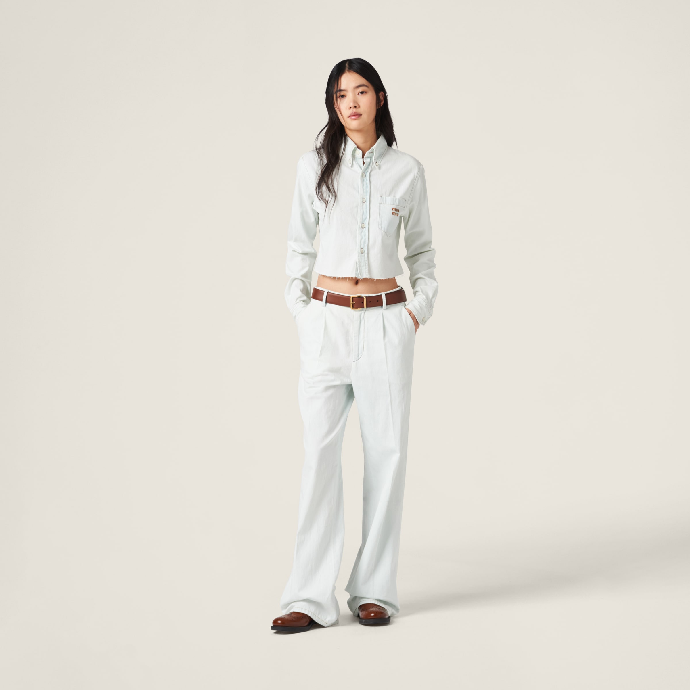Miu Miu Woman Embroidered Poplin Shirt In Light Blue
