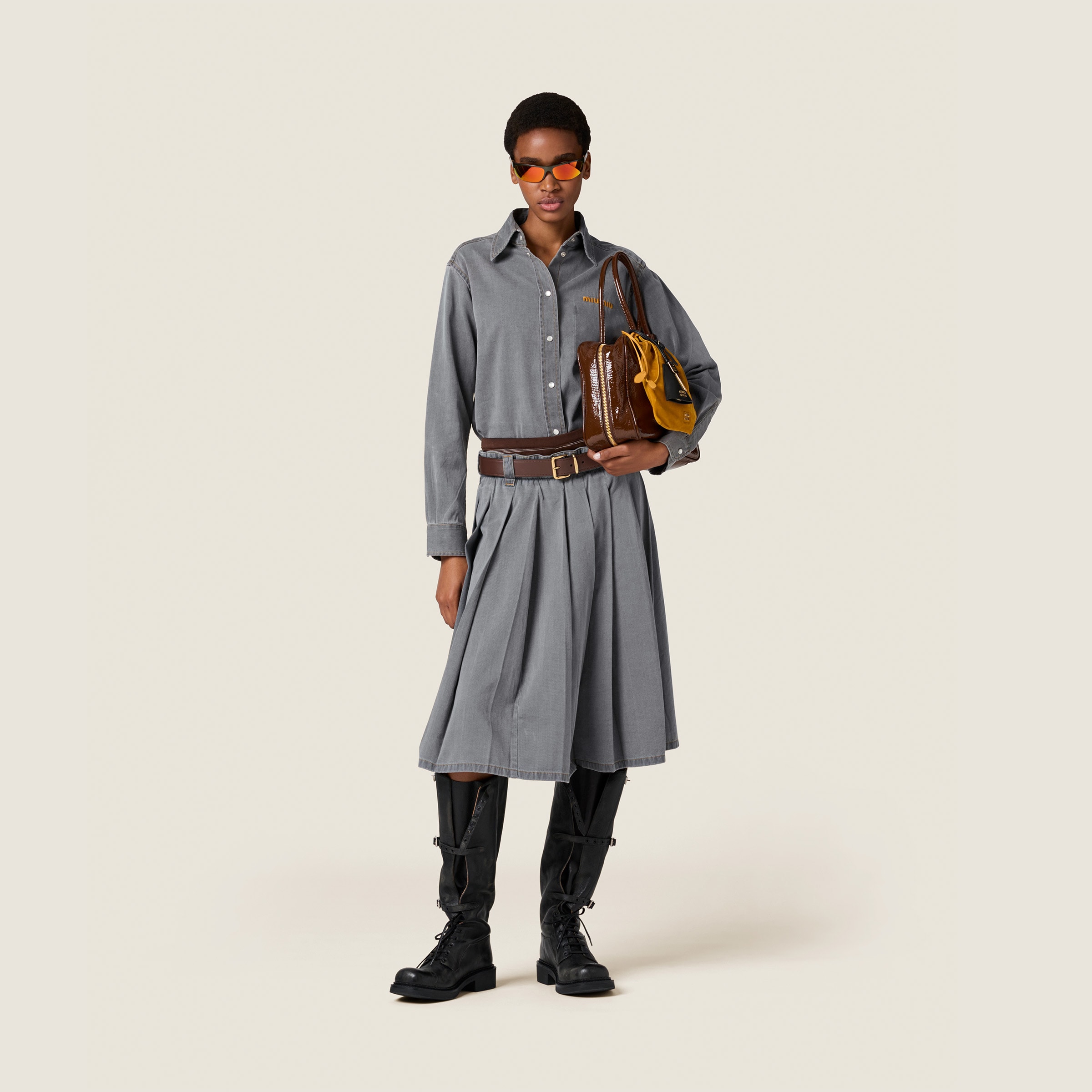Miu Miu Cropped Chambray Shirt In Grey