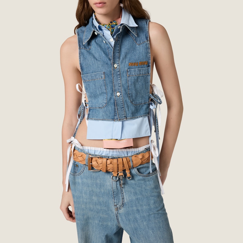 Chemise courte en chambray à lavallière