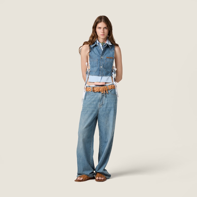 Chemise courte en chambray à lavallière