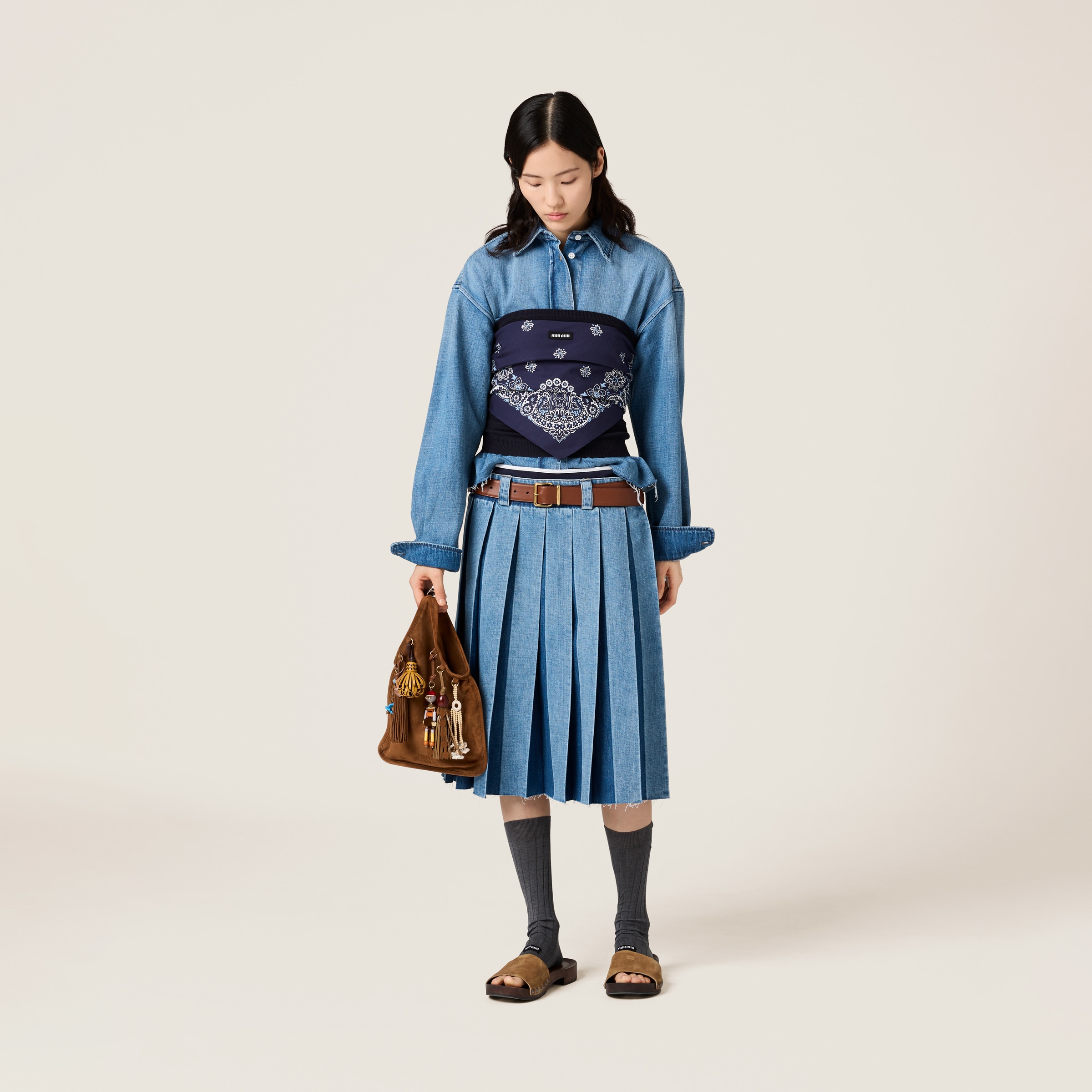 MIU MIU PLEATED DENIM SKIRT