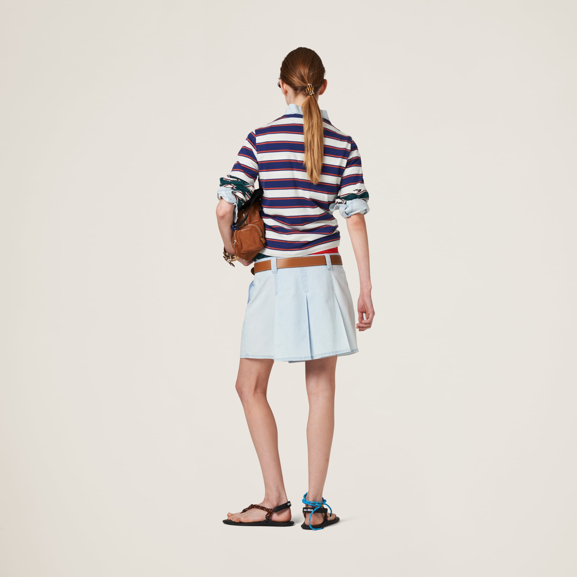 Miu Miu Pleated Chambray Skirt In Light Blue