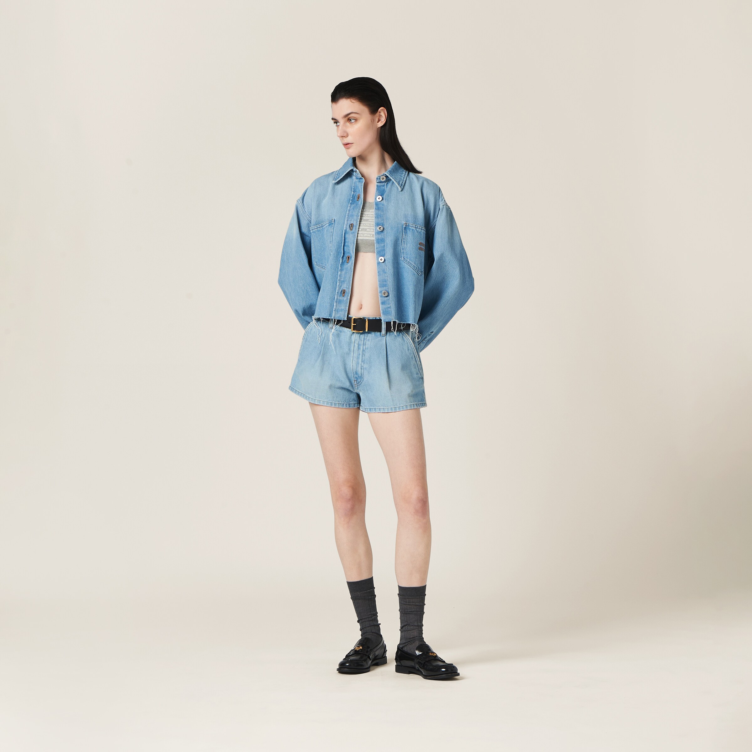 Shop Miumiu Denim Shorts In Sapphire Blue