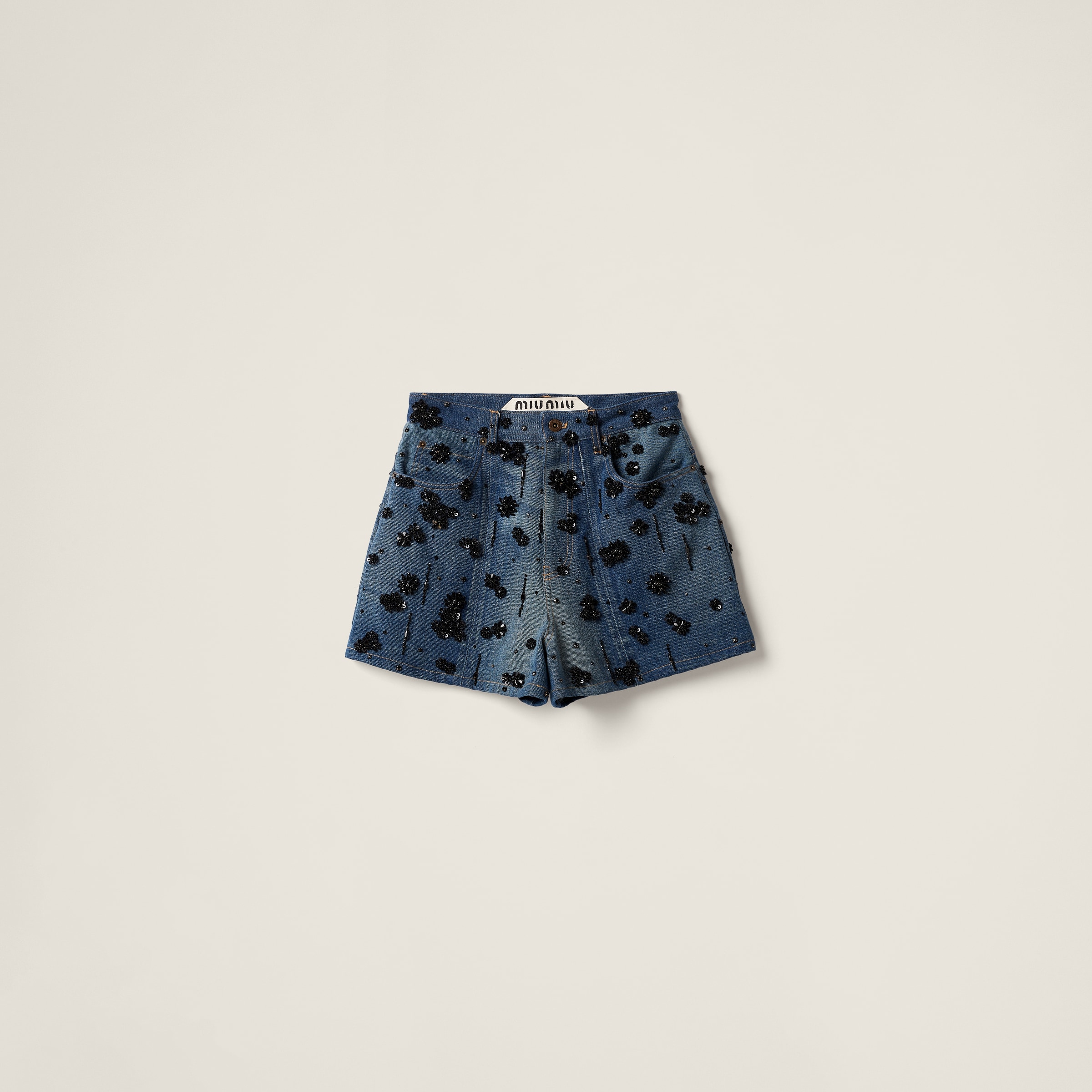 Miumiu Embellished Denim Shorts In Navy