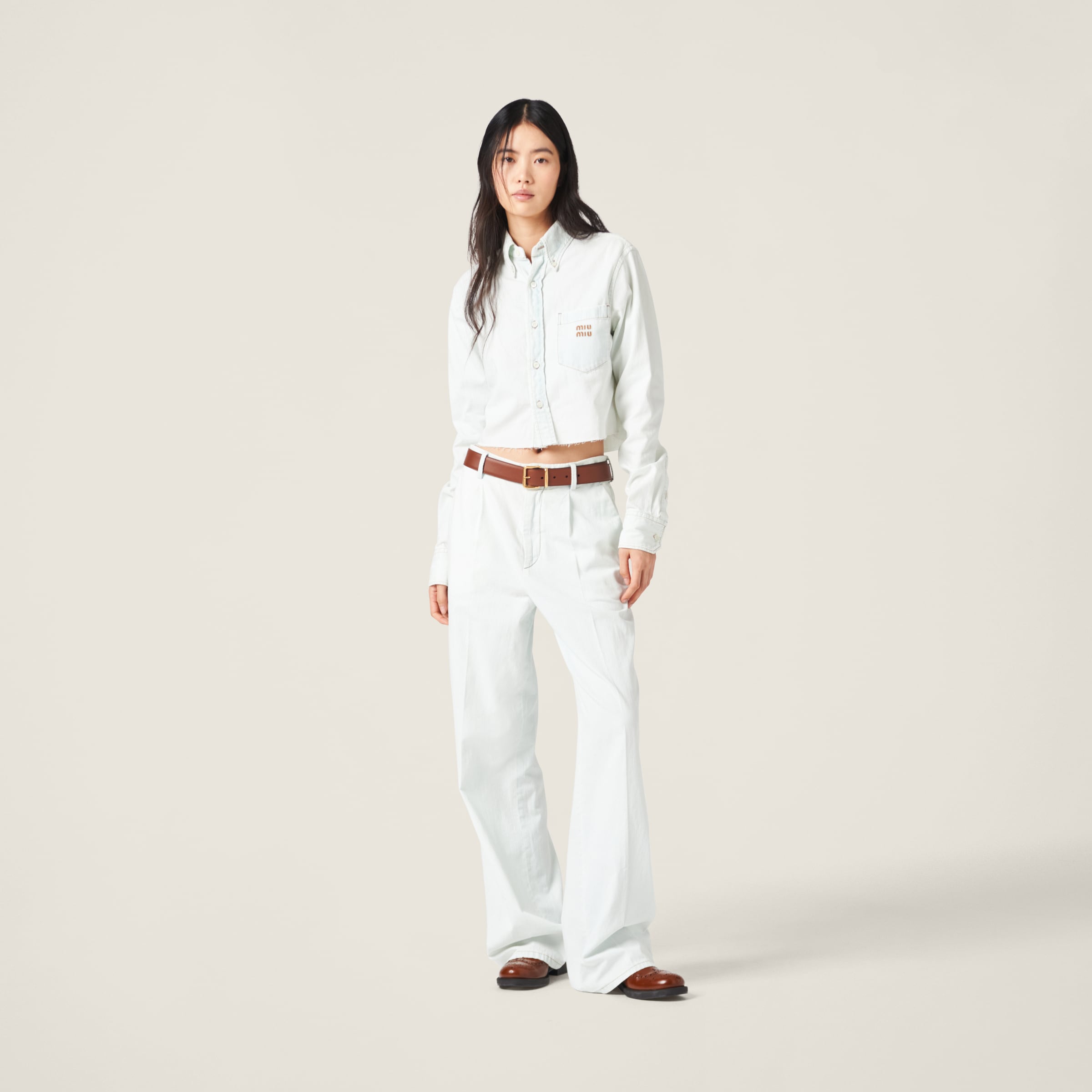 Shop Miumiu Chambray Denim Jeans In Light Blue