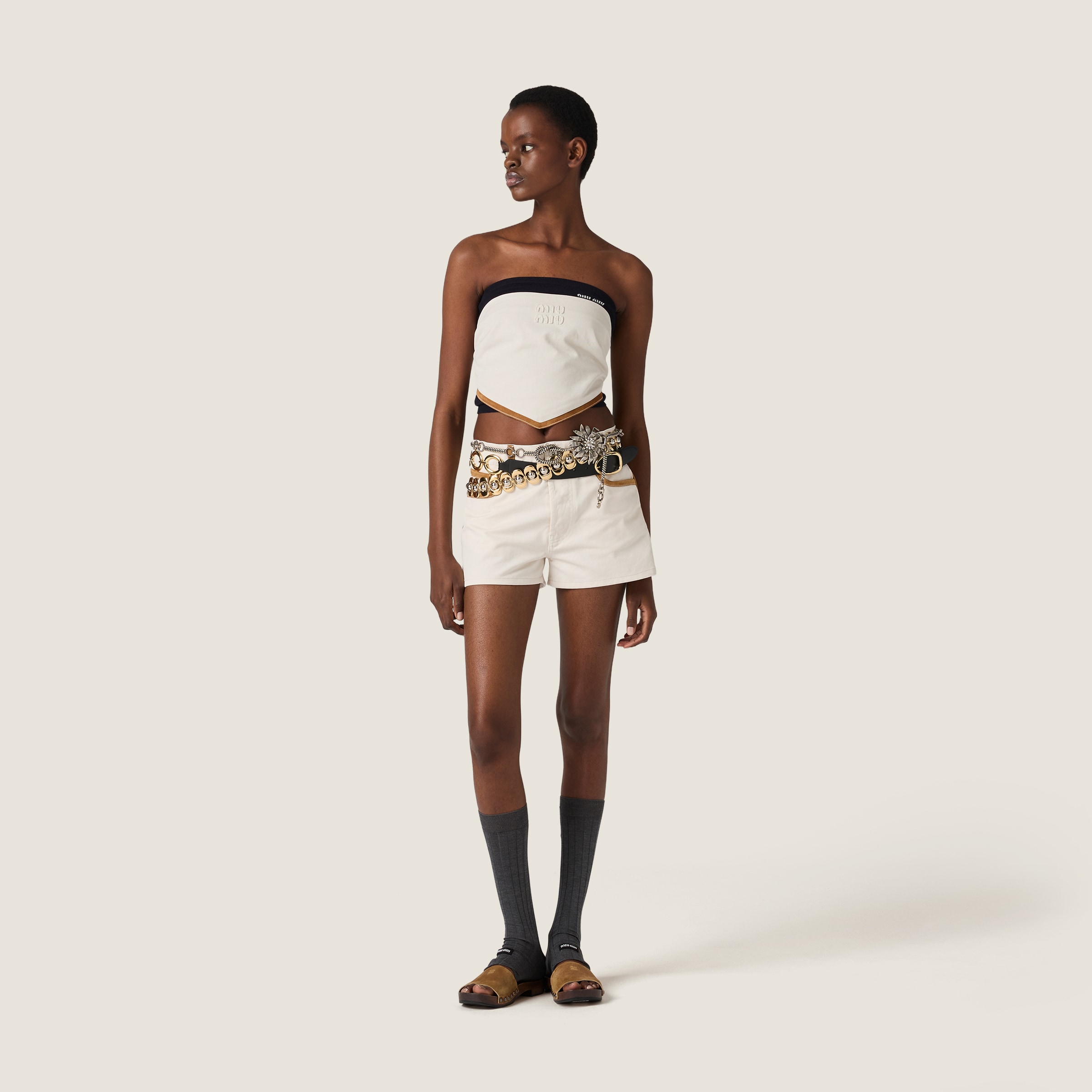 Miu Miu Denim And Leather Shorts