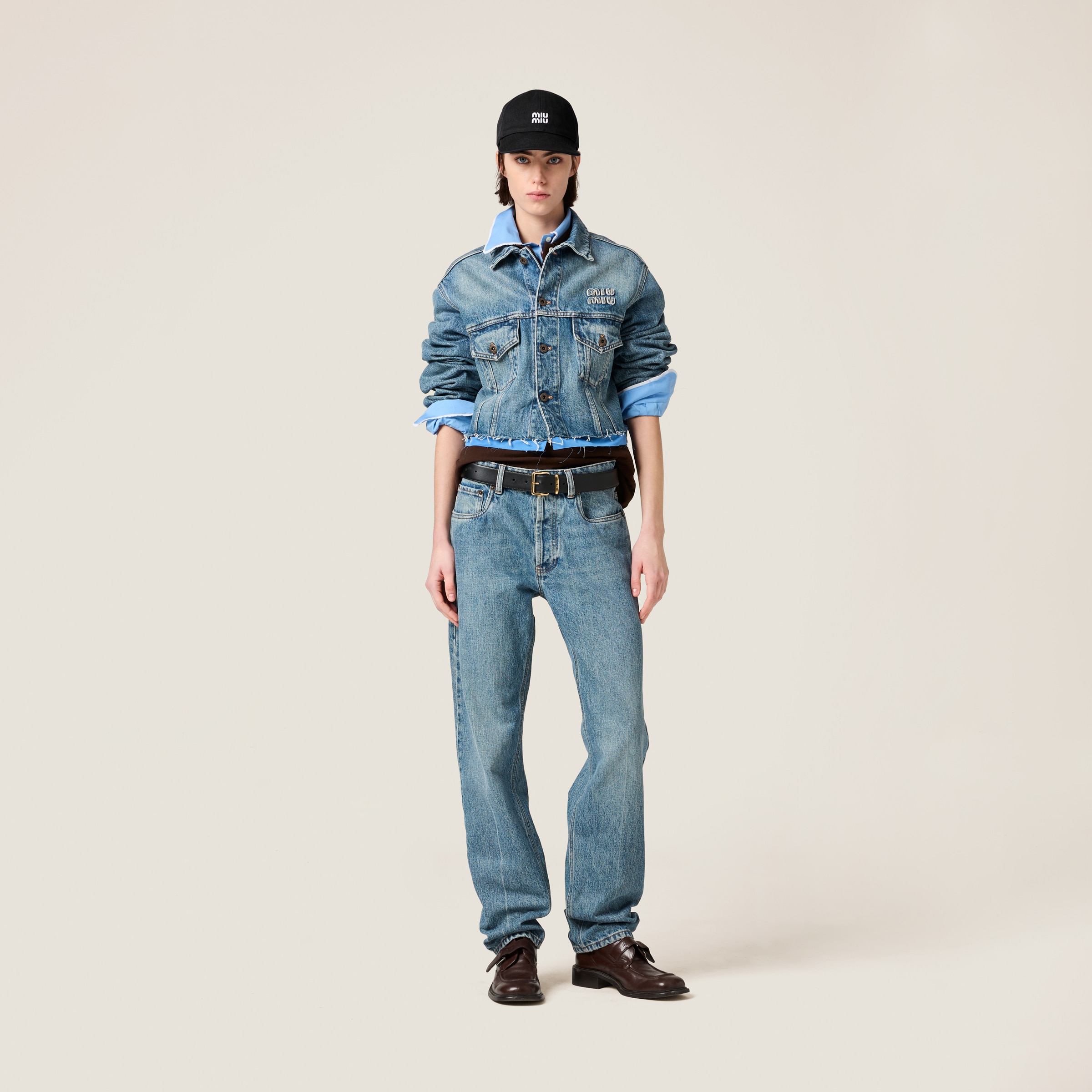 Shop Miu Miu Denim And Poplin Five-pocket Jeans In Sapphire Blue