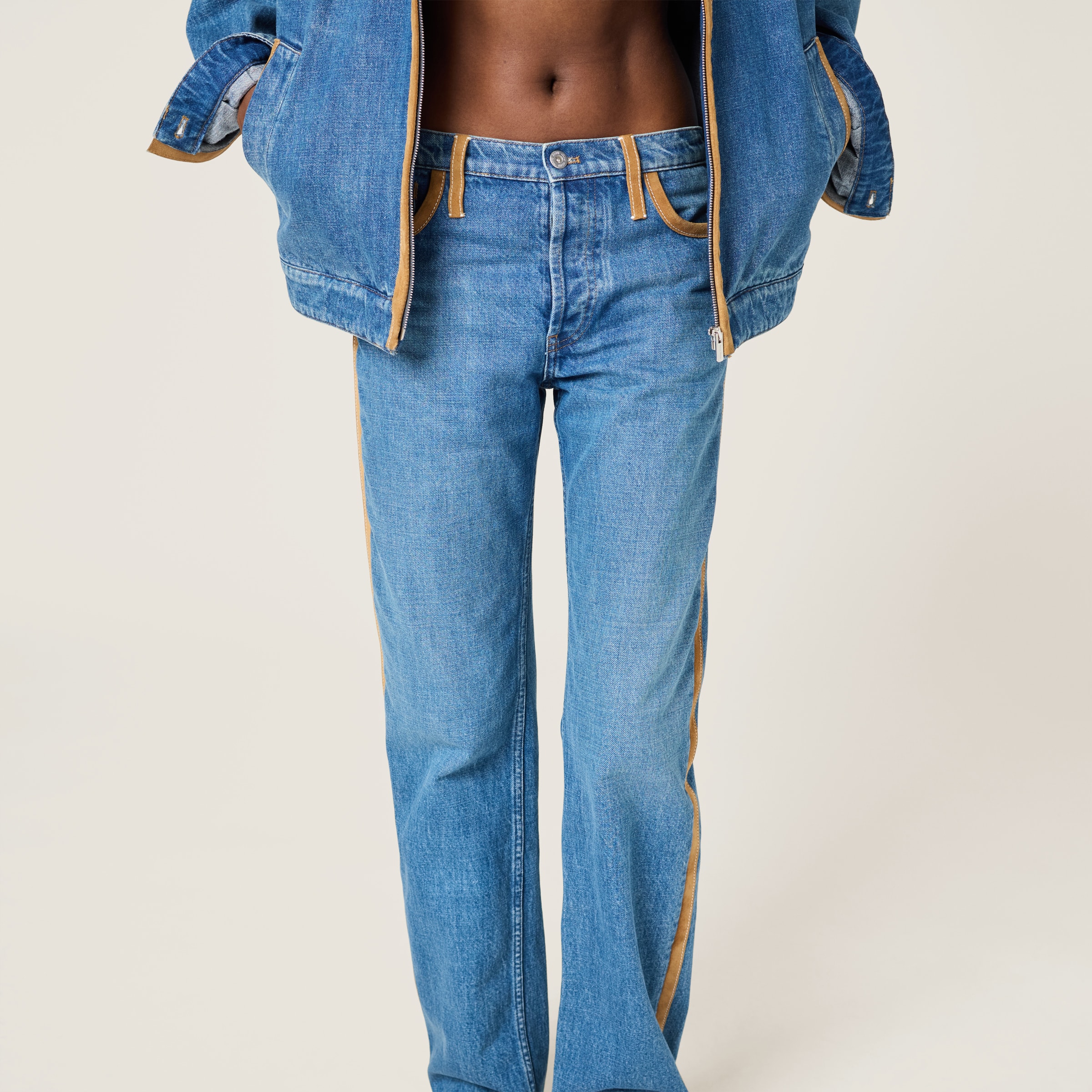 Sapphire Blue Denim And Leather Jeans | Miu Miu