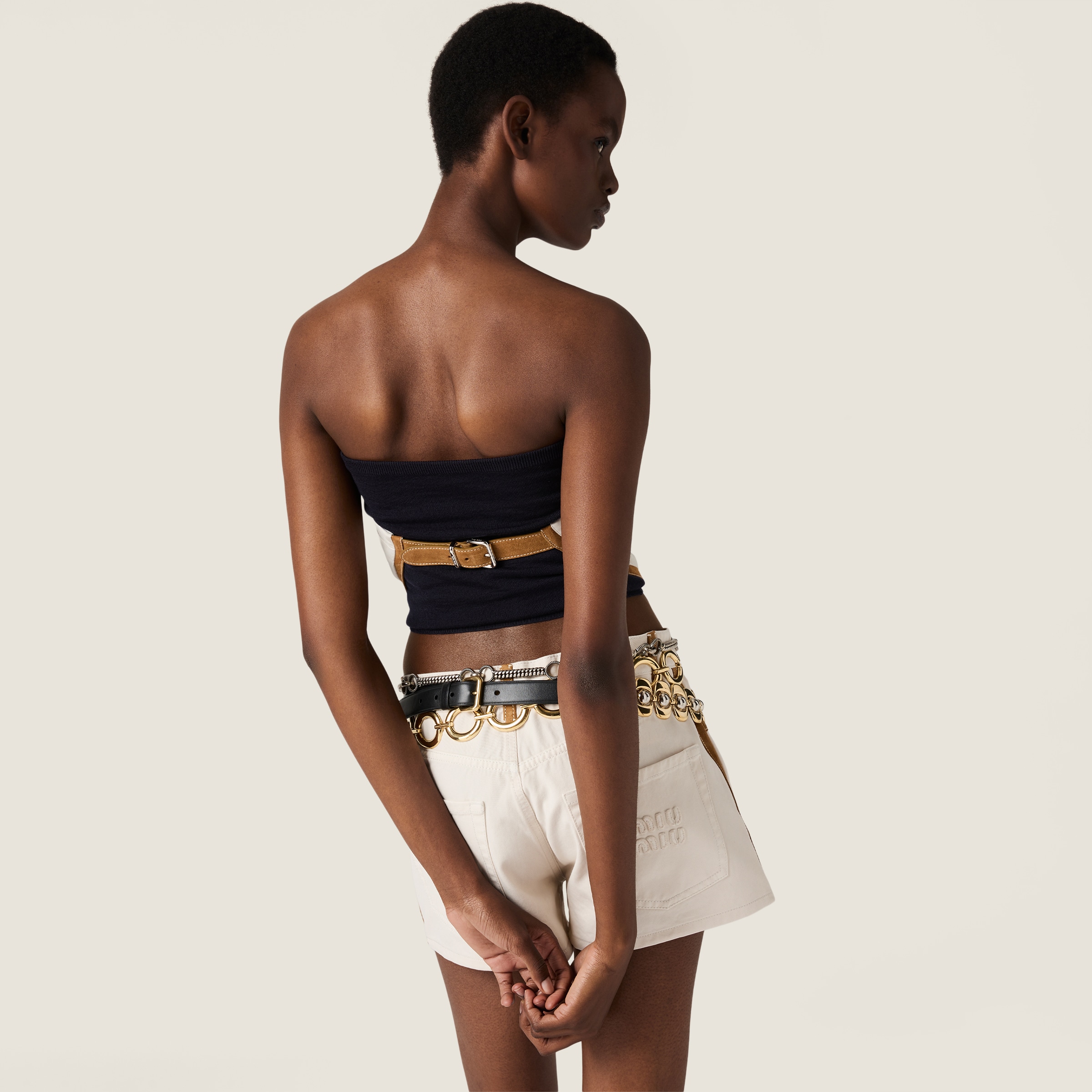Miu Miu Denim And Leather Bandana Top