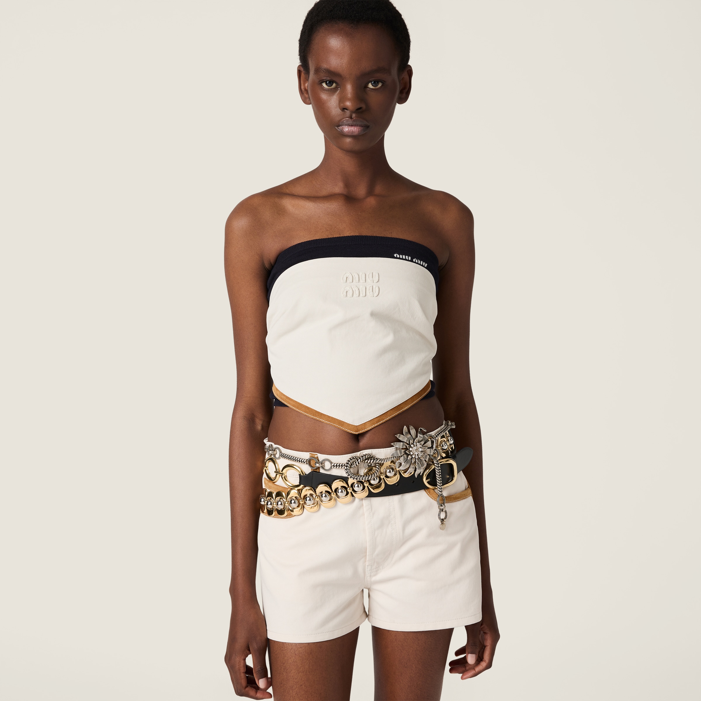 Miu Miu Denim And Leather Bandana Top