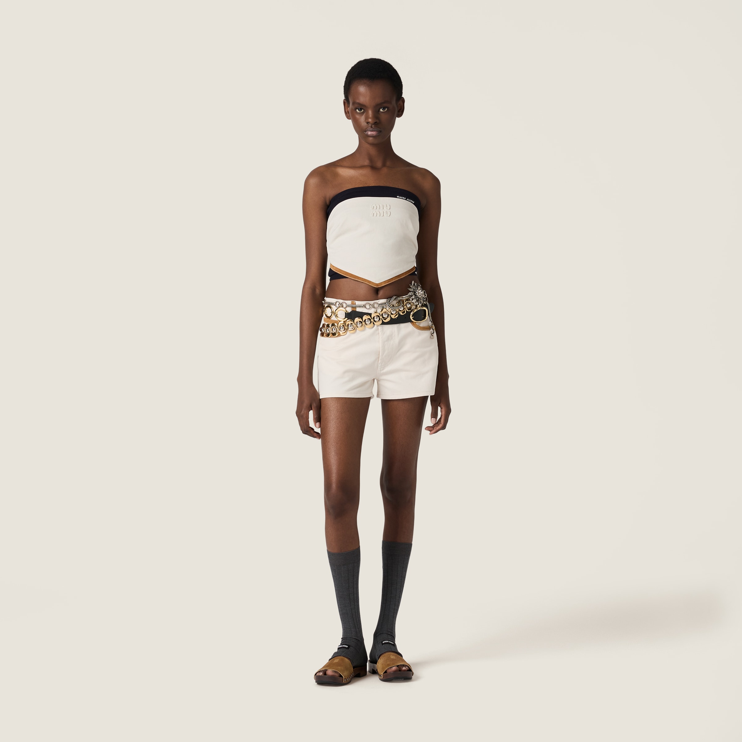 Miu Miu Denim And Leather Bandana Top