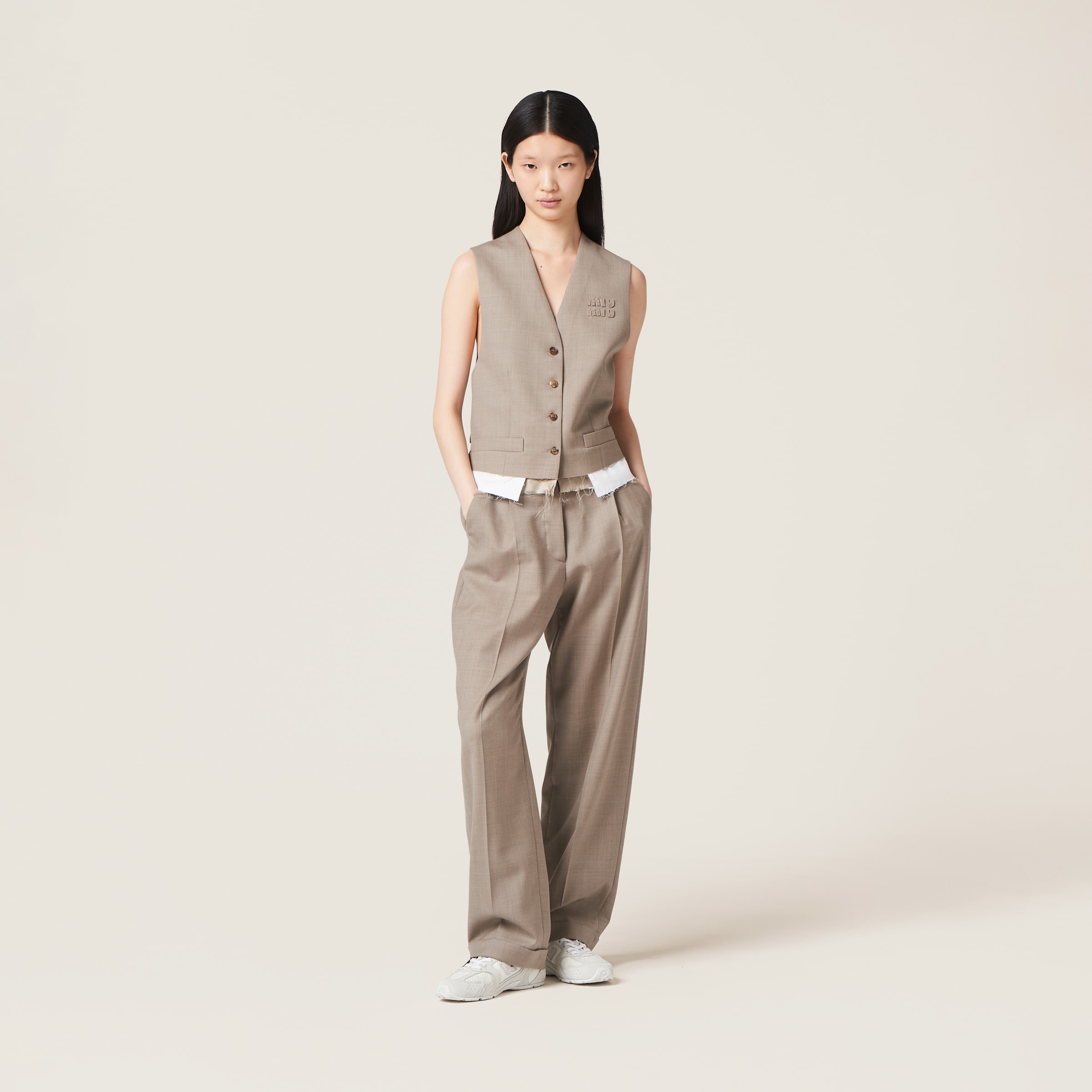 Clay Grey Single breasted Gabardine Vest Miu Miu
