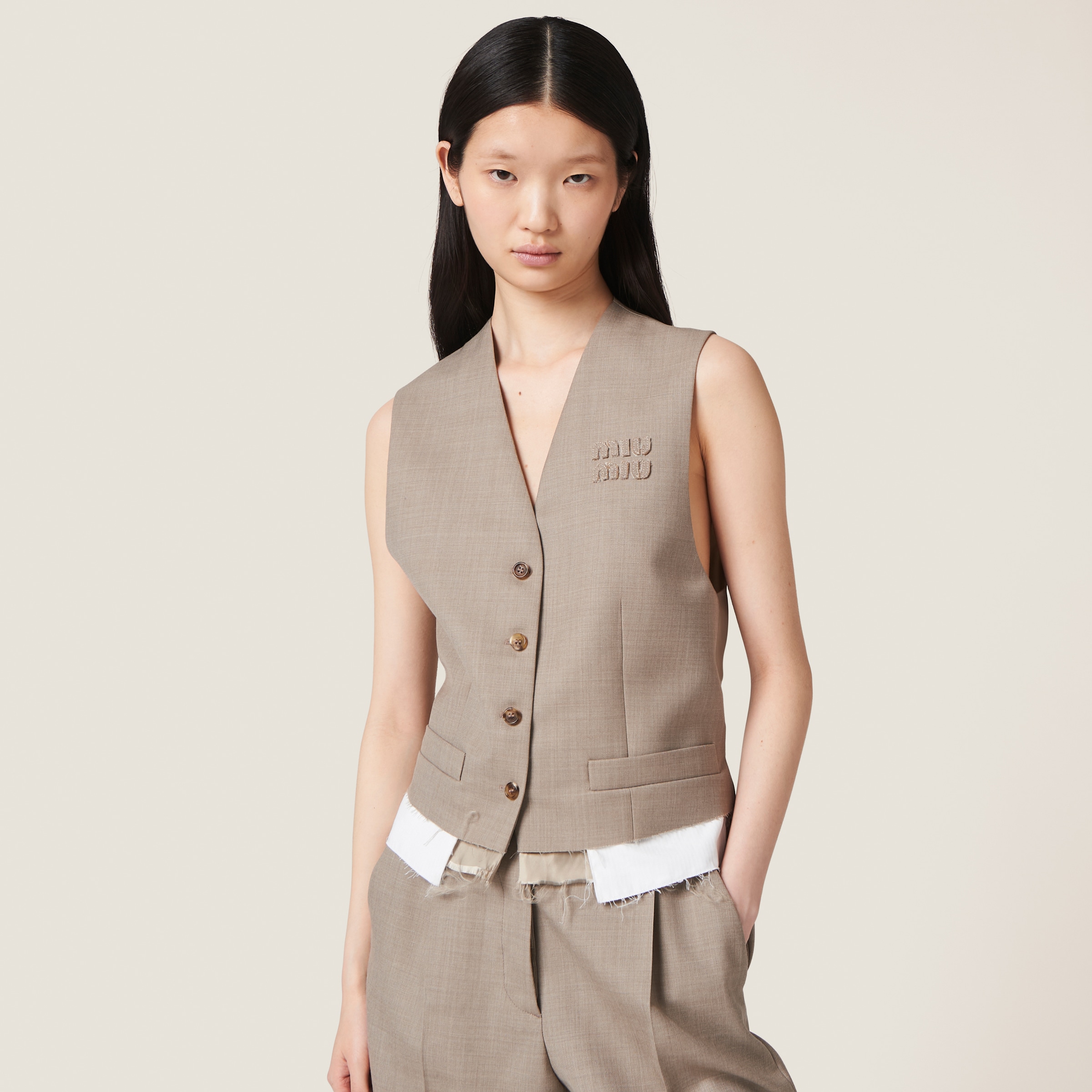 Clay Grey Single breasted Gabardine Vest Miu Miu