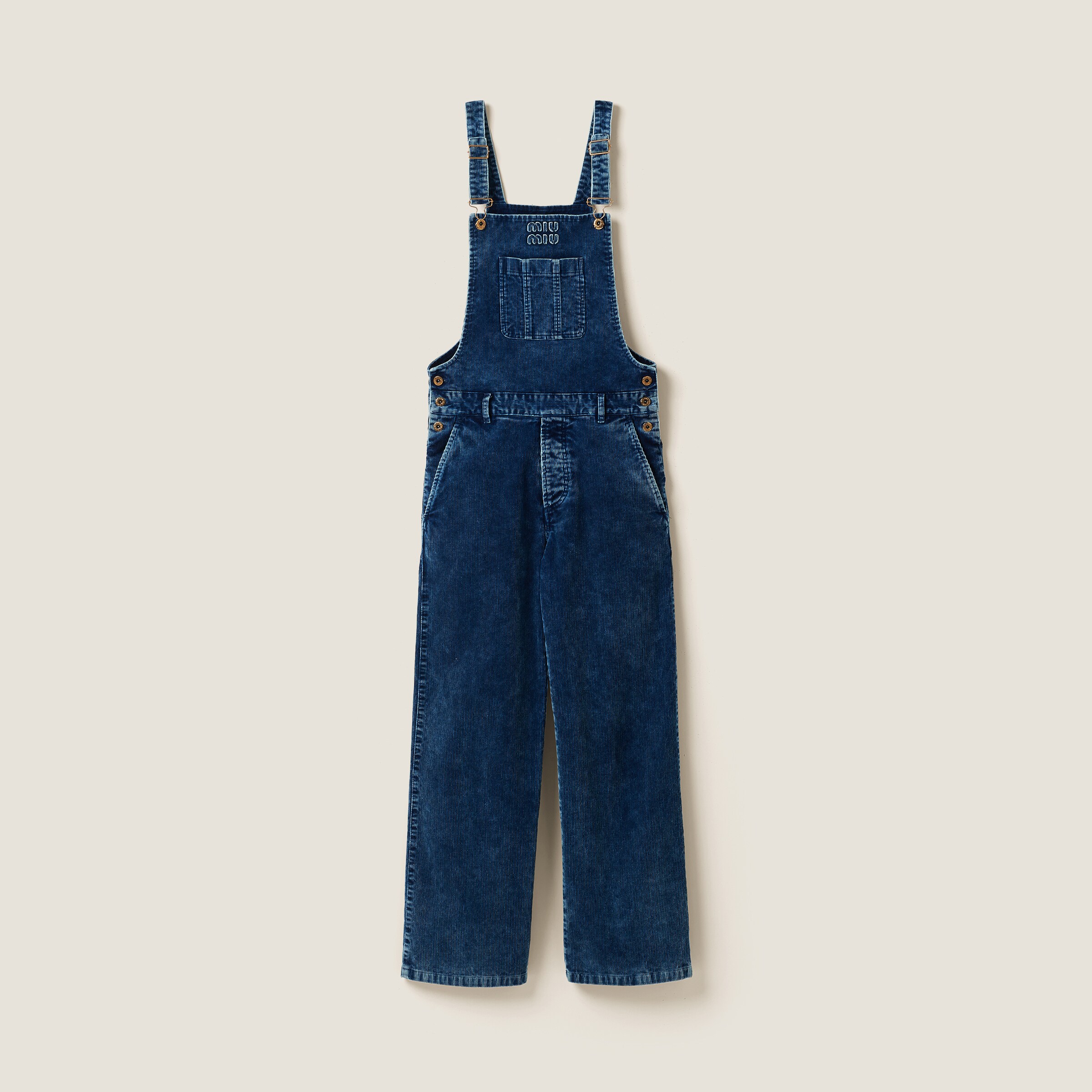 Miu Miu Long Washed Velvet Overalls In Indigo Blue