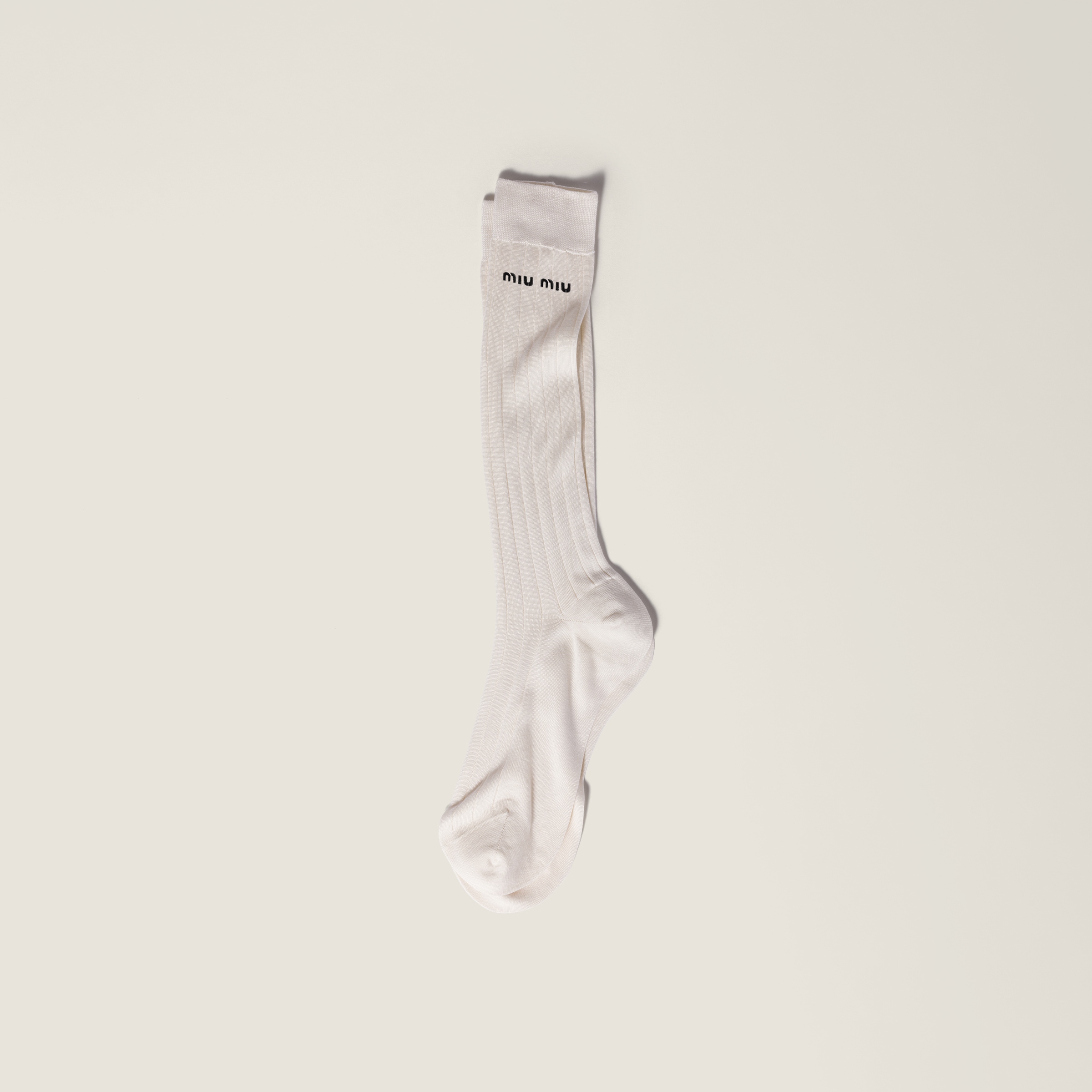 Miu Miu Ribbed Embroidered-logo Socks In Neutral