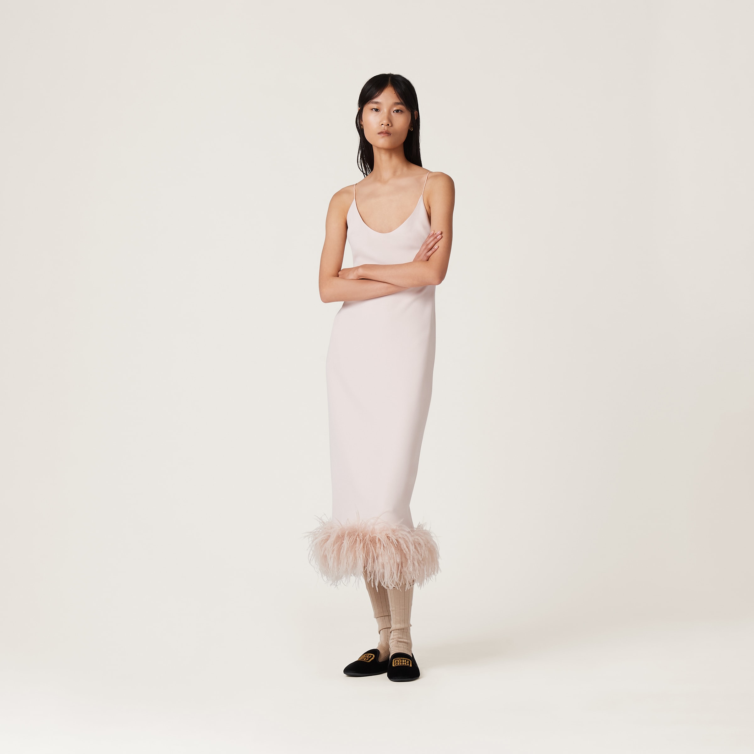 Peach Stretch Cady Dress With Feathers Miu Miu