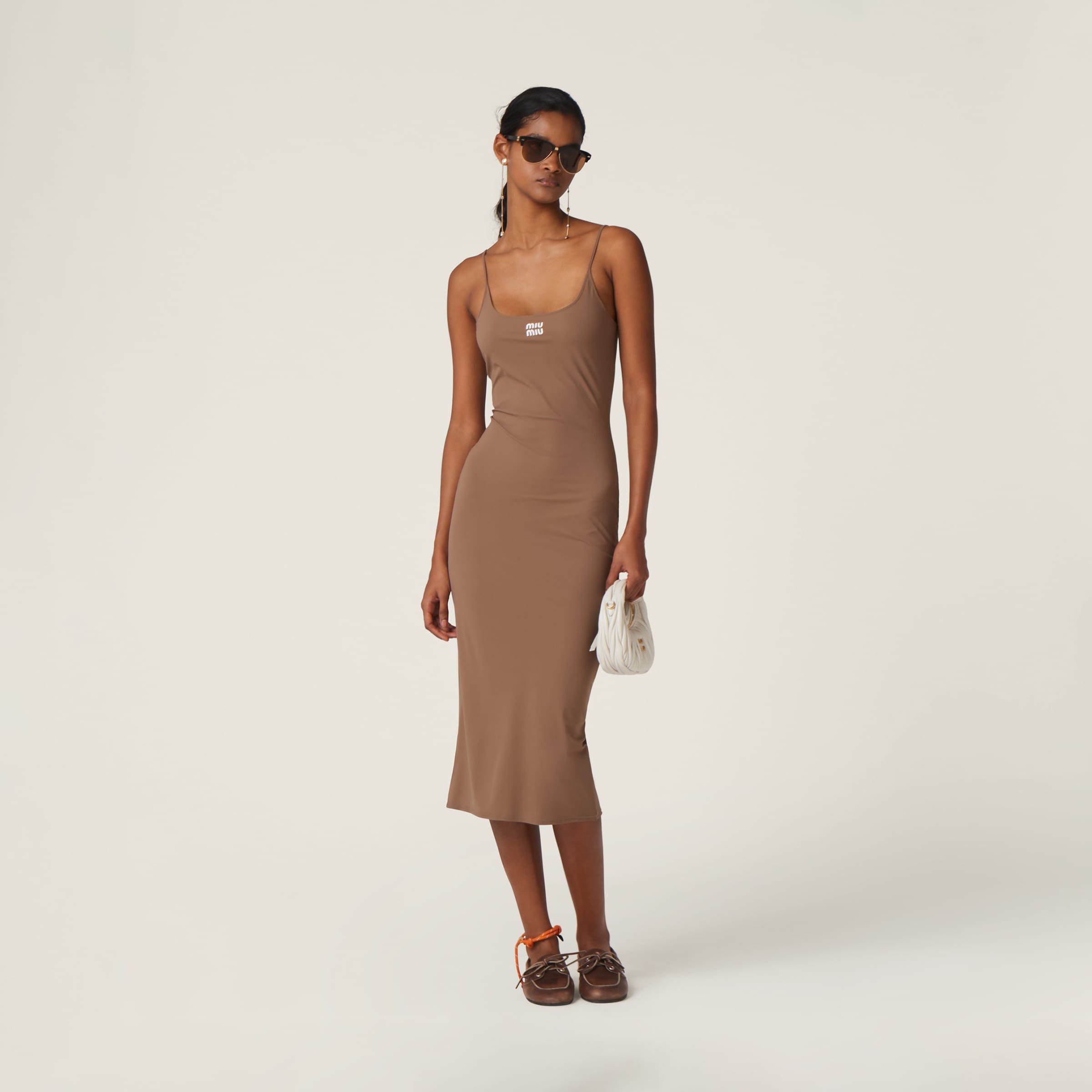 Miu Miu Logo-print Jersey Midi Dress In Khaki