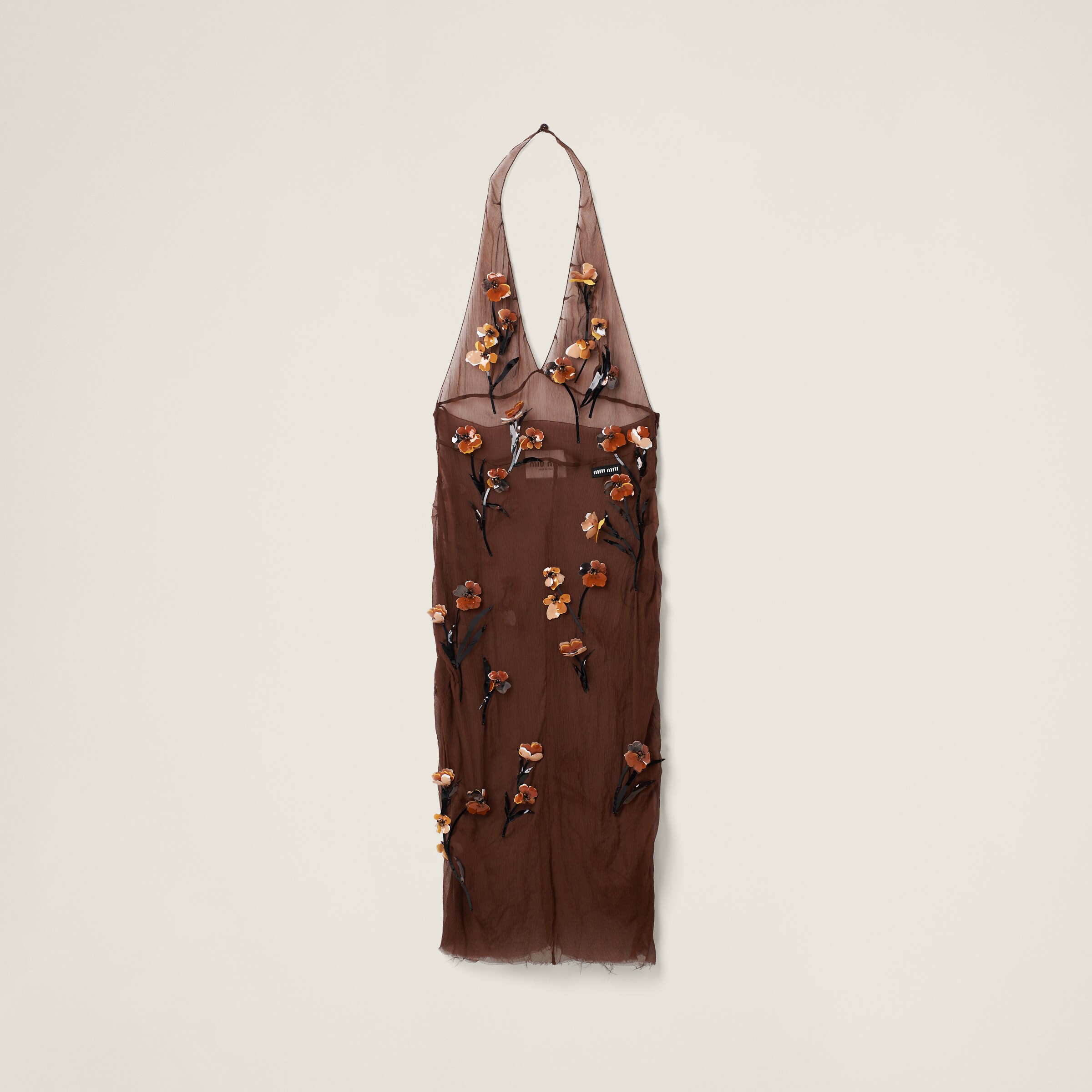 Miu Miu Chiffon Dress With Floral Embroidery In Cocoa Brown | ModeSens