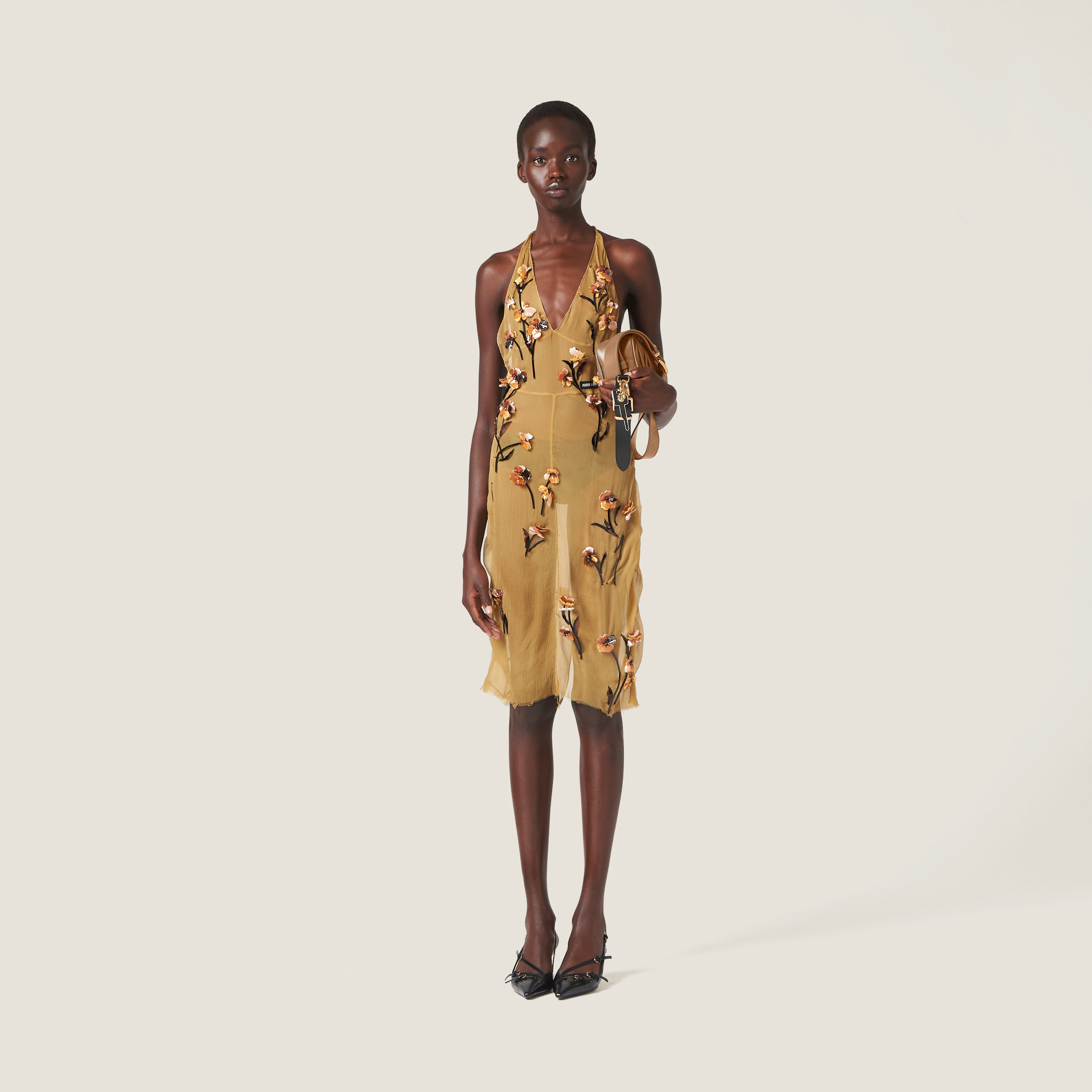 Mustard Chiffon Dress With Floral Embroidery Miu Miu
