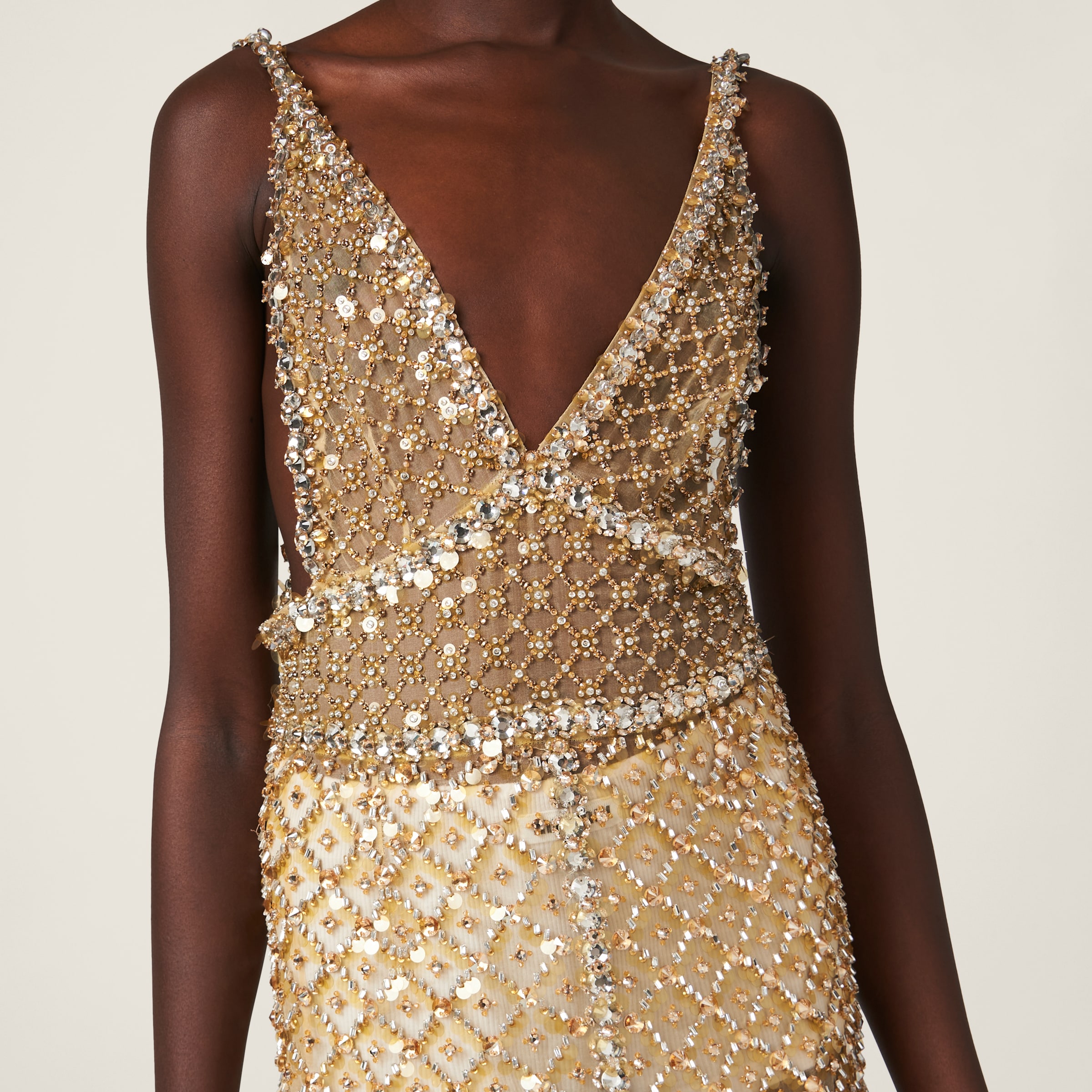 Metallic embroidered organza gown top