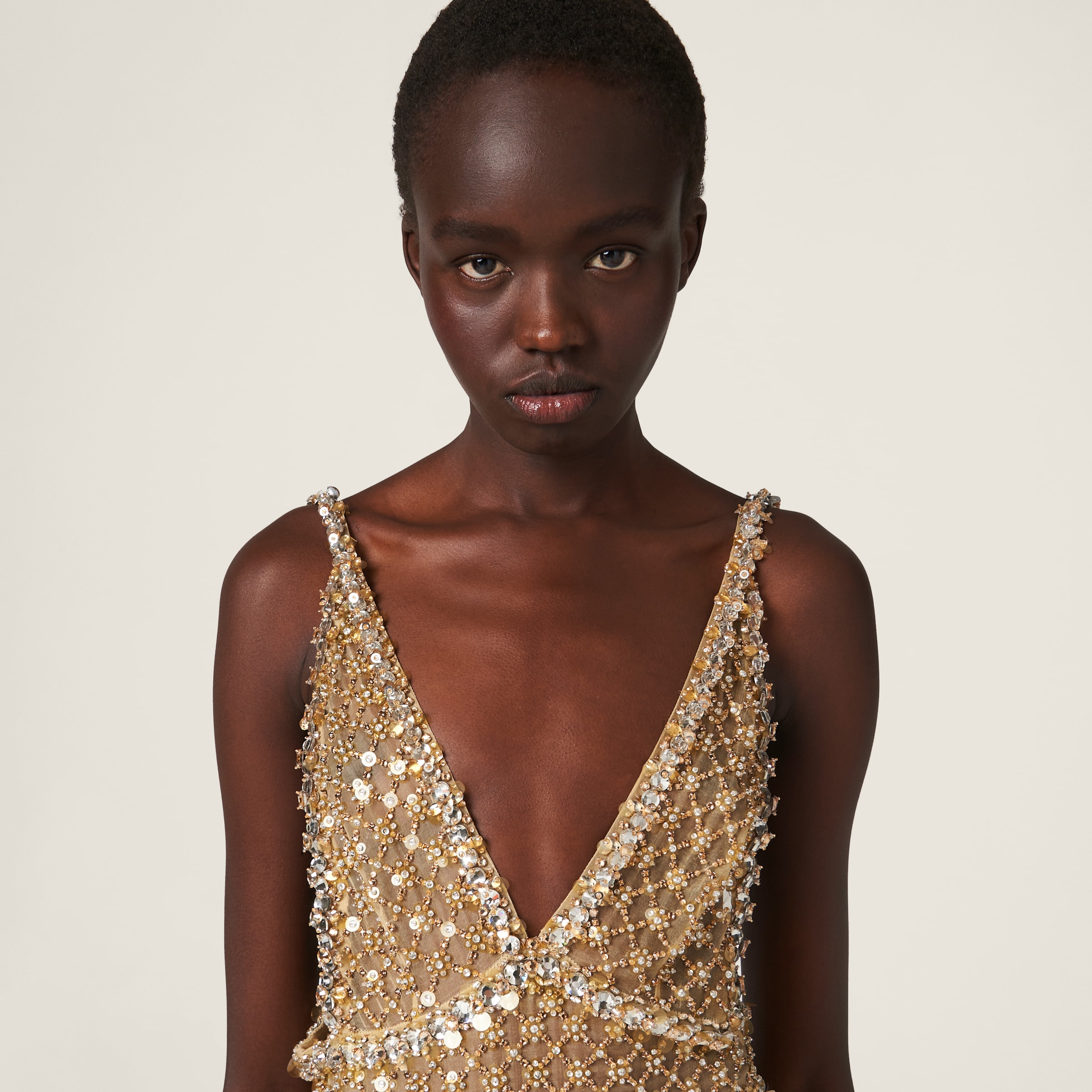Metallic embroidered organza gown clearance