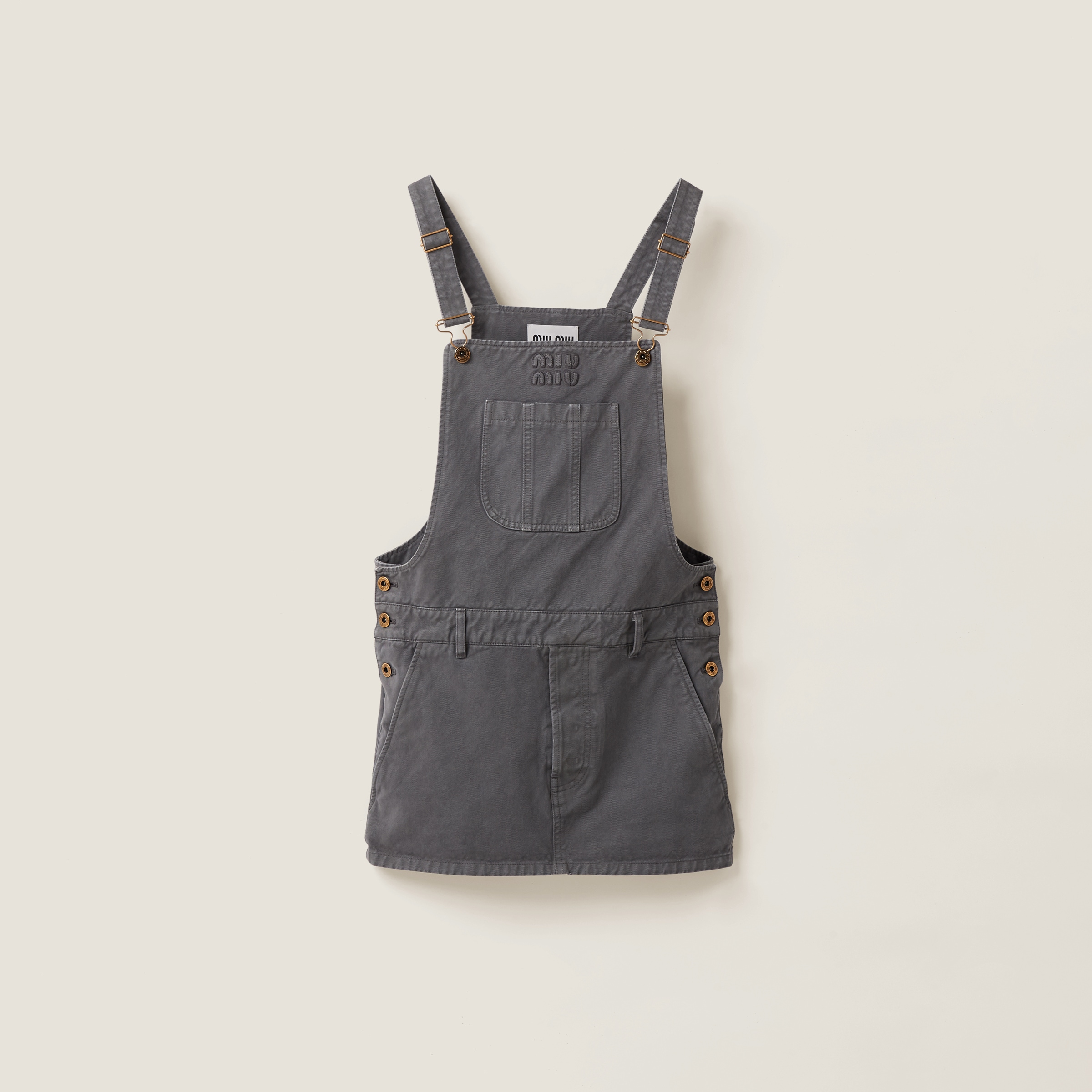 Miu Miu Garment-dyed Gabardine Overall Mini-dress In Iron Gray