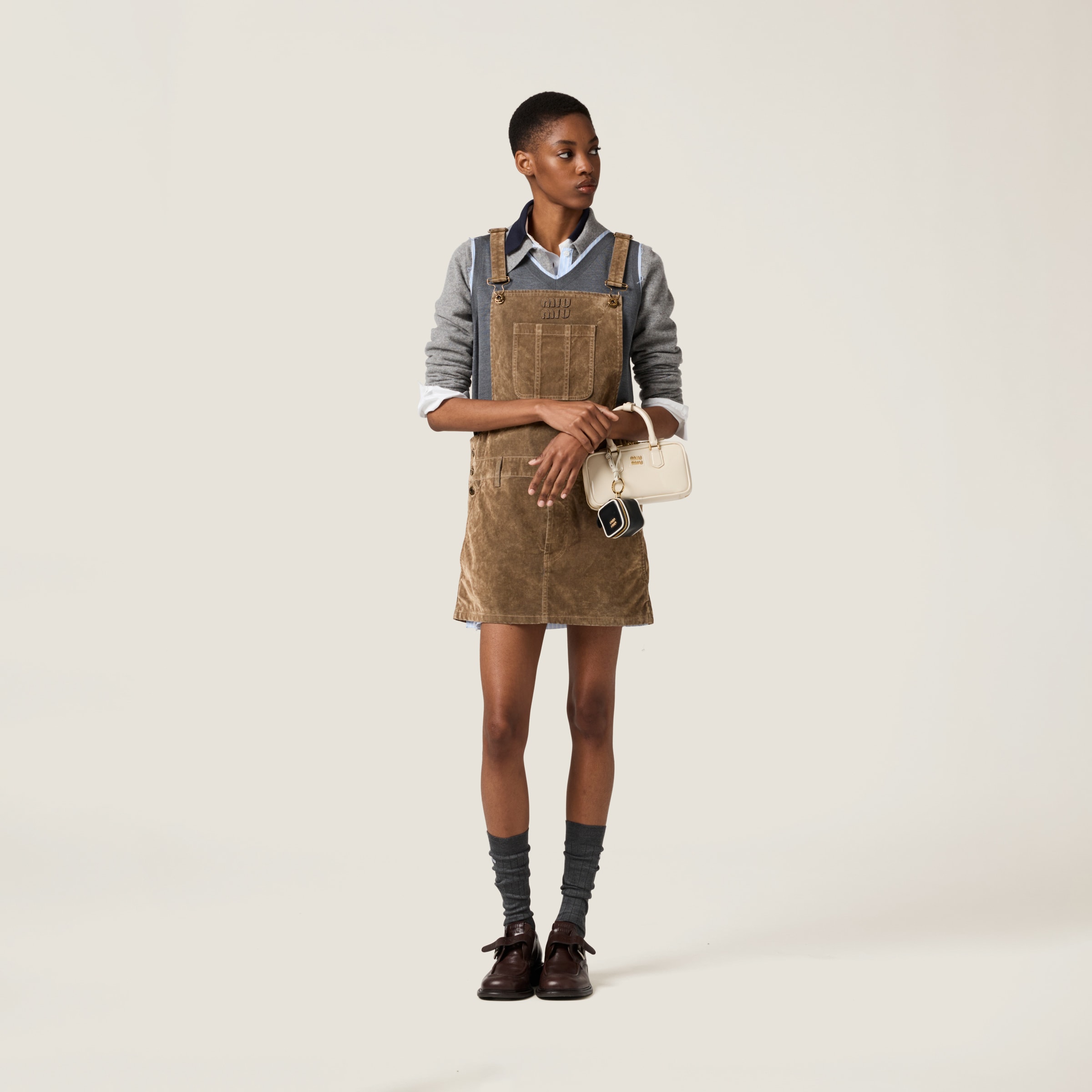 Miu Miu Washed Flocked Chambray Mini-dress In Tobacco