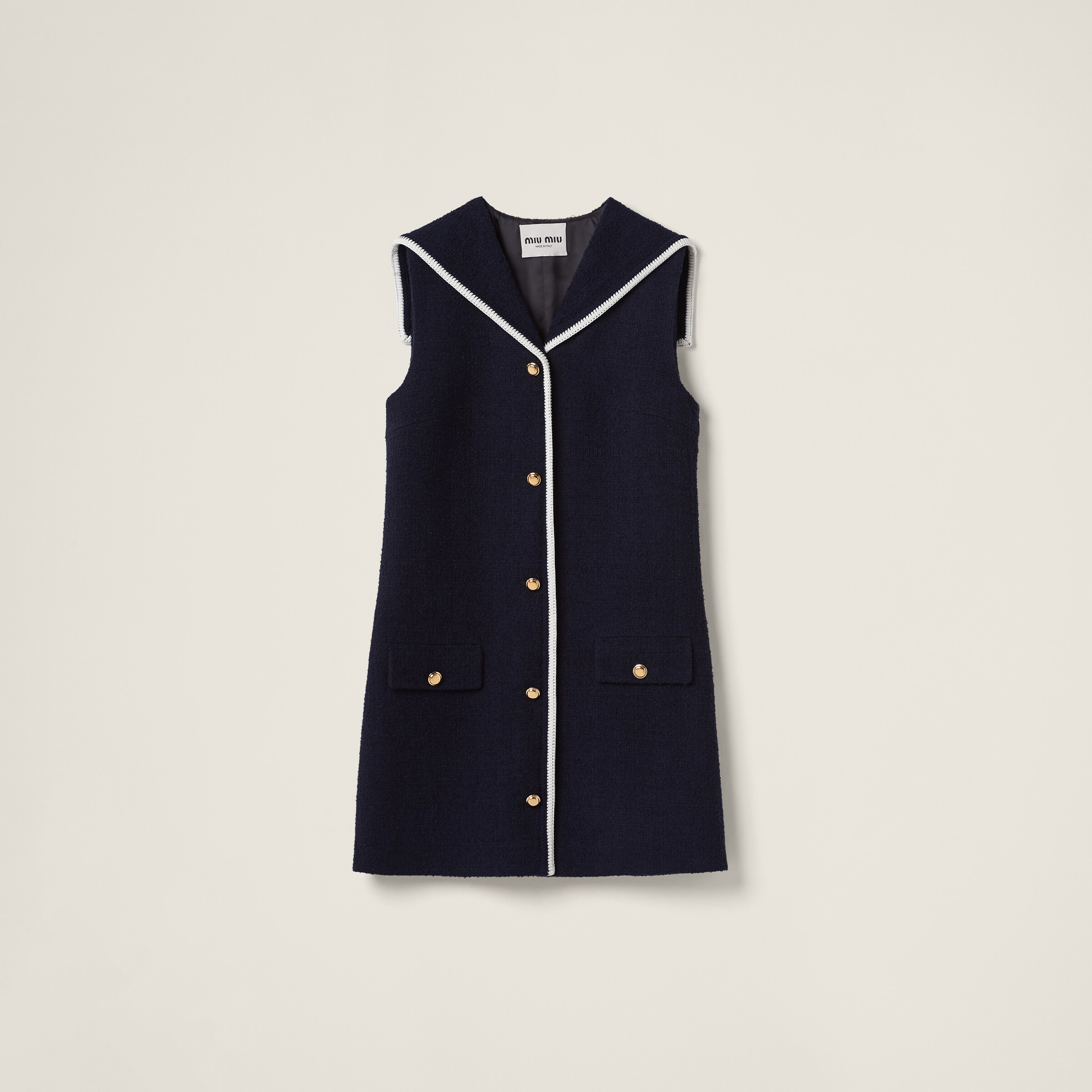 Miu Miu Tweed Sailor Collar Wool Mini Dress With Piping In
