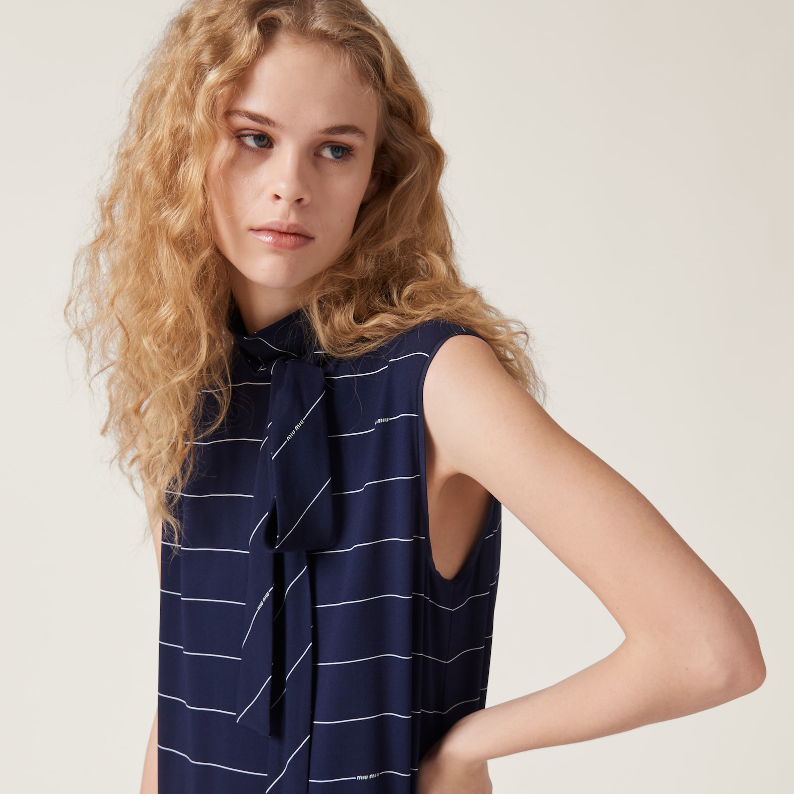 Miumiu 2026 Plaid Sleeveless Dress Navy Blue Cotton