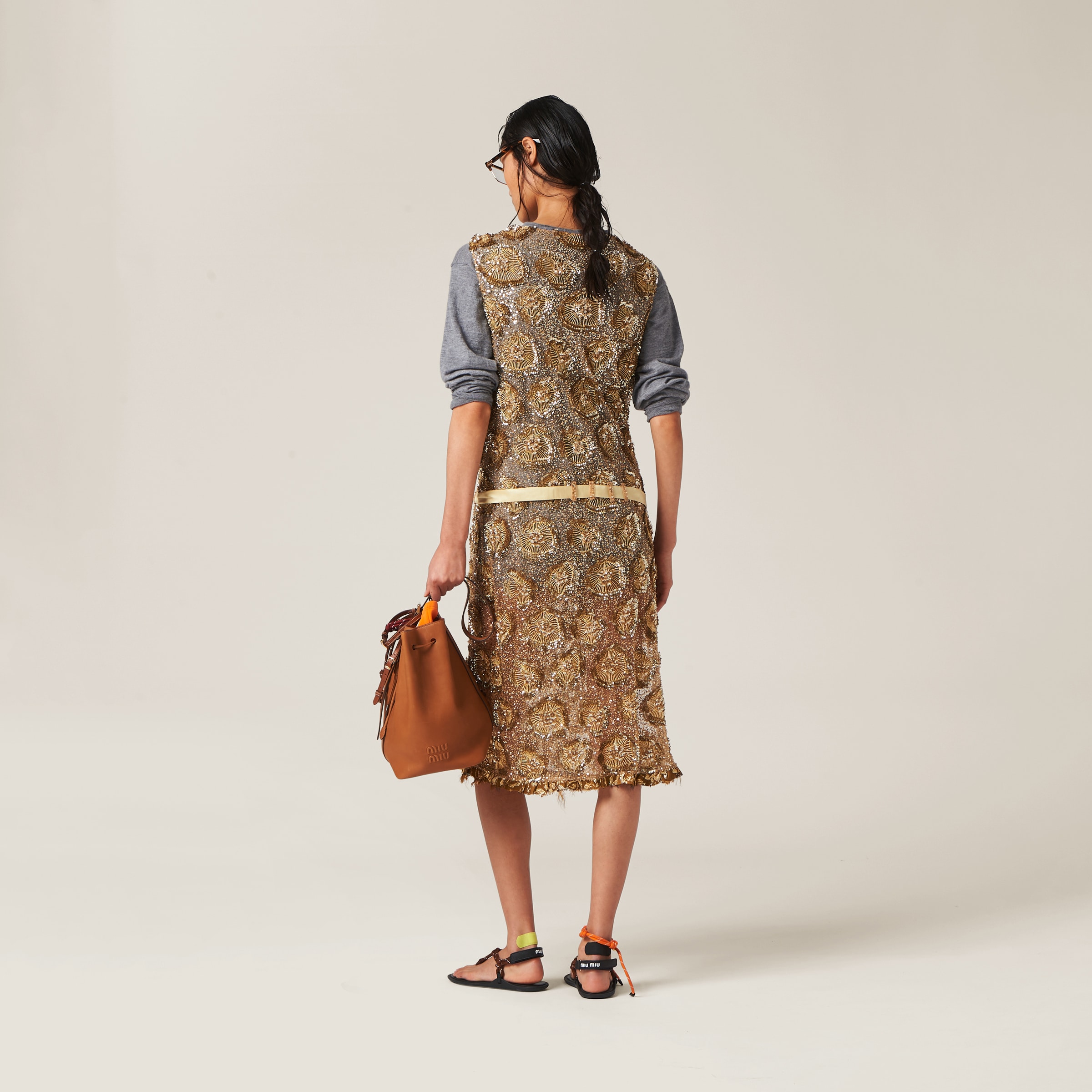 Miu Miu Tulle Dress With Floral Embroidery In Gold