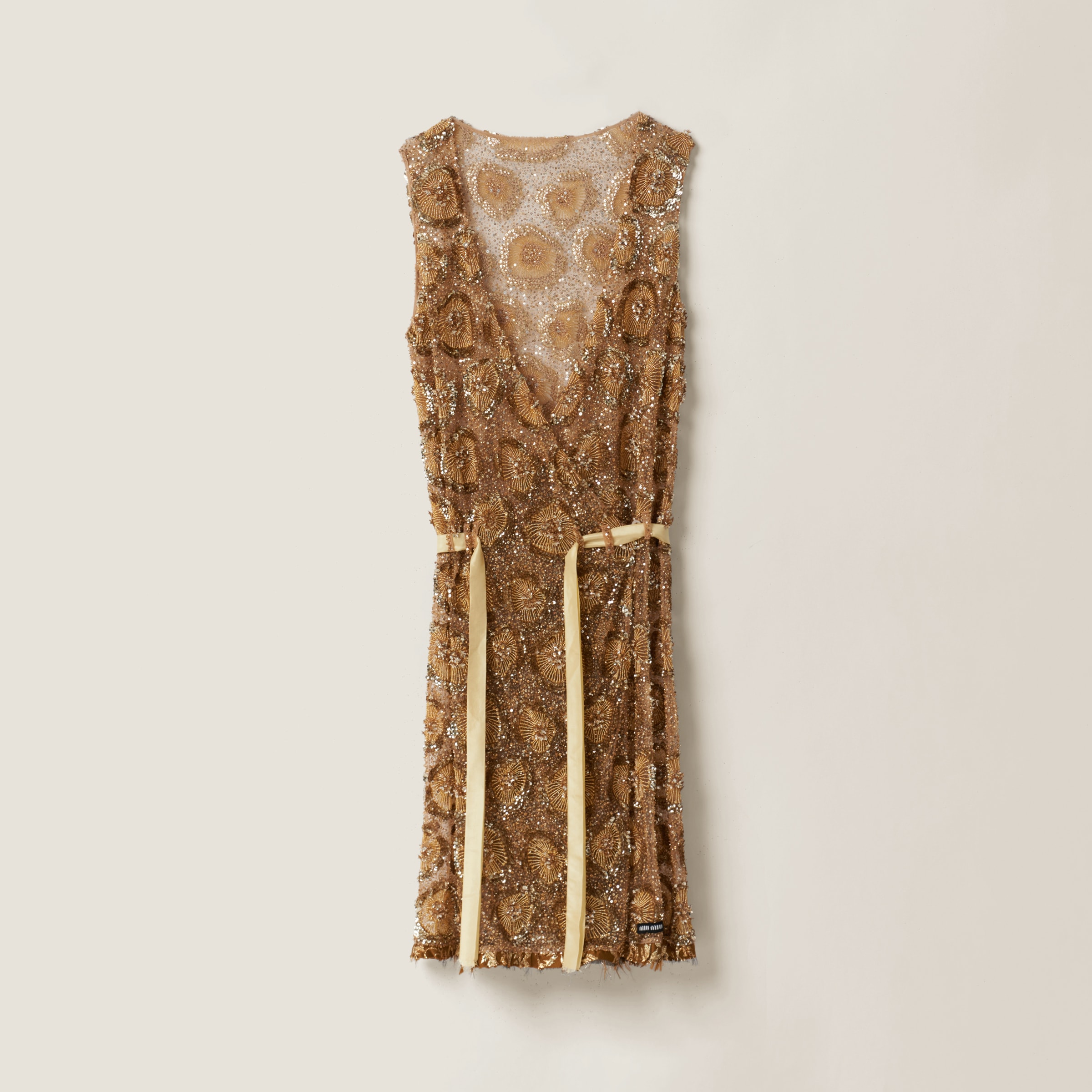 Miu Miu Tulle Dress With Floral Embroidery In Gold