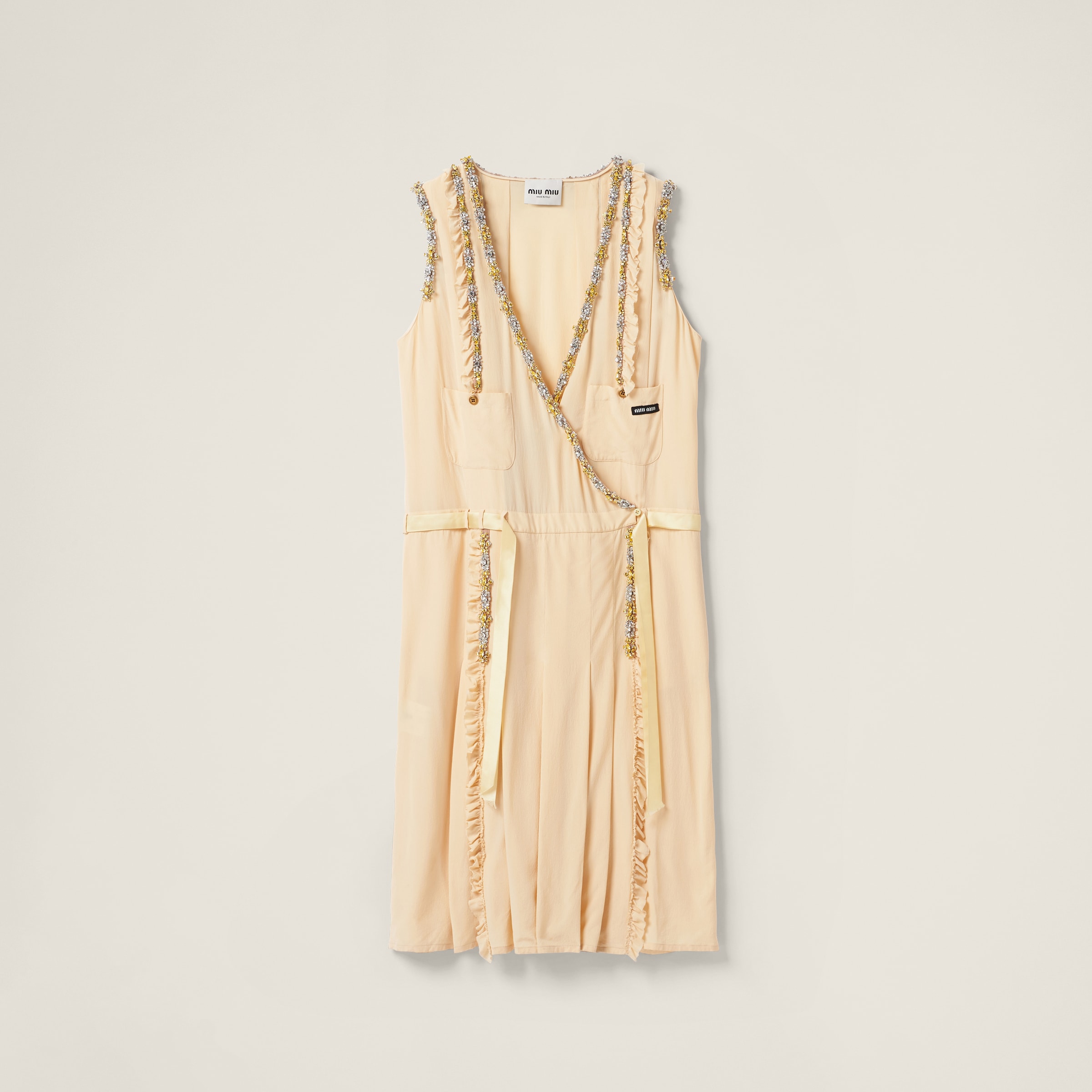 Miu Miu Embroidered Marocain Dress In Vanilla