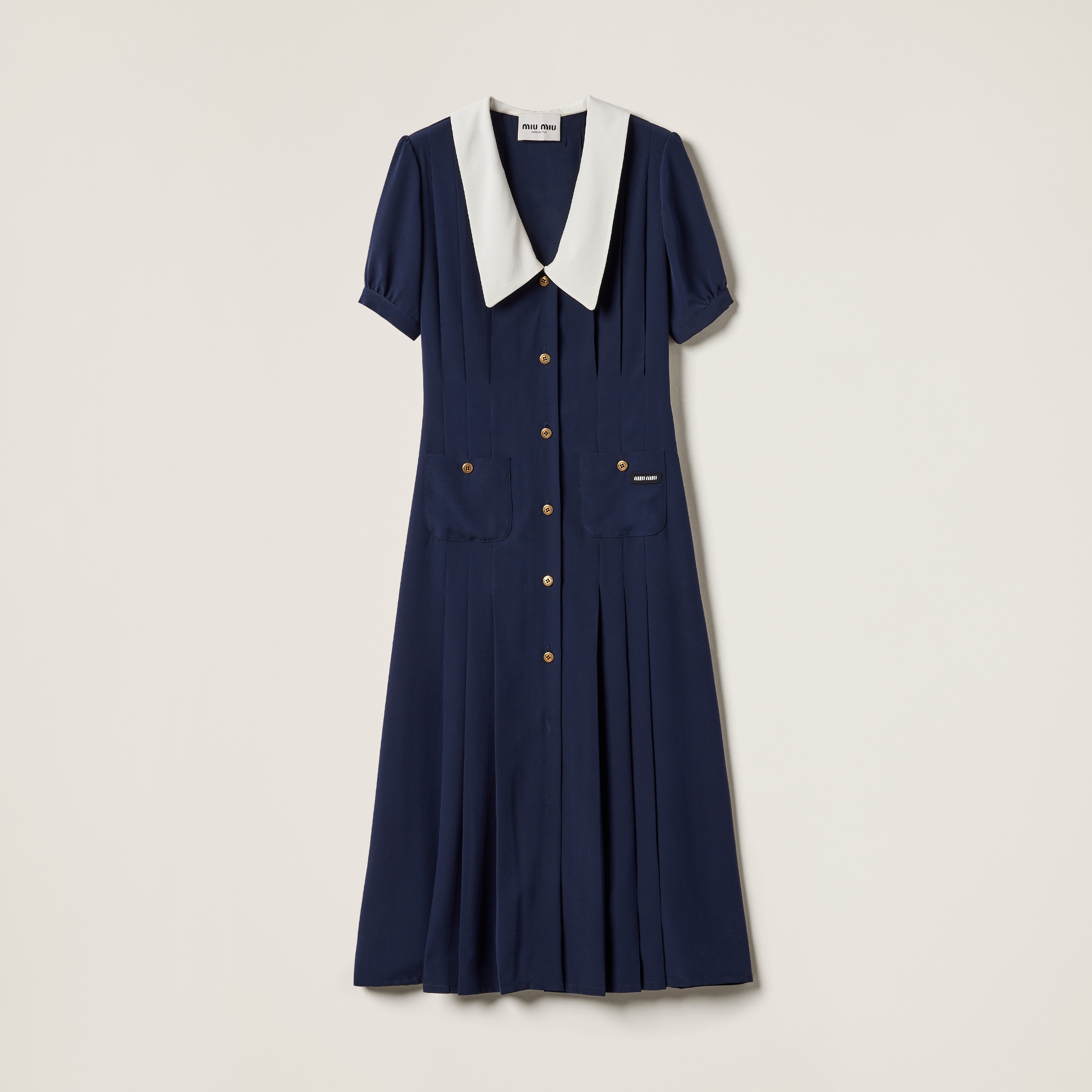 Miumiu Pleated Marocain Midi-dress In Navy