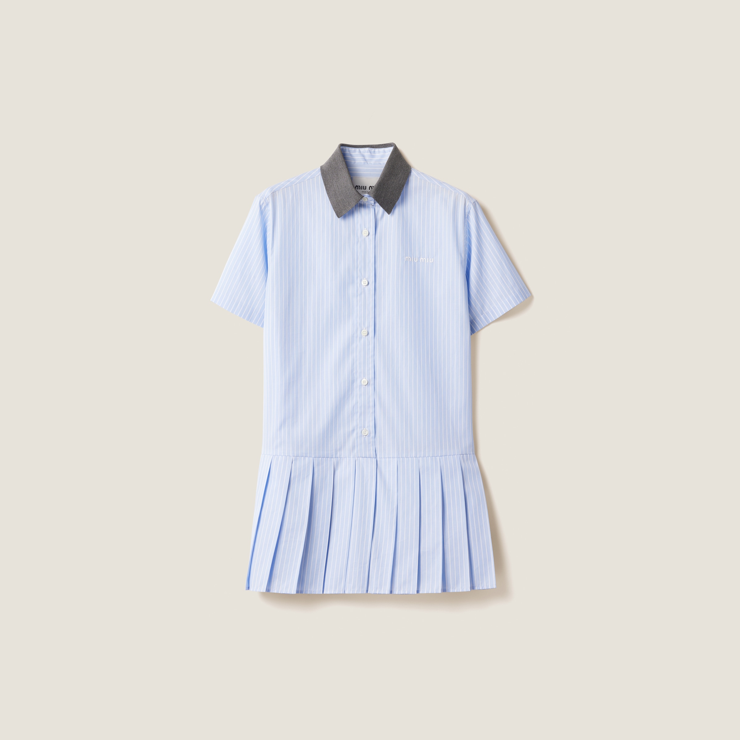 Miu Miu Pleated Striped Dress In Sky Blue/white