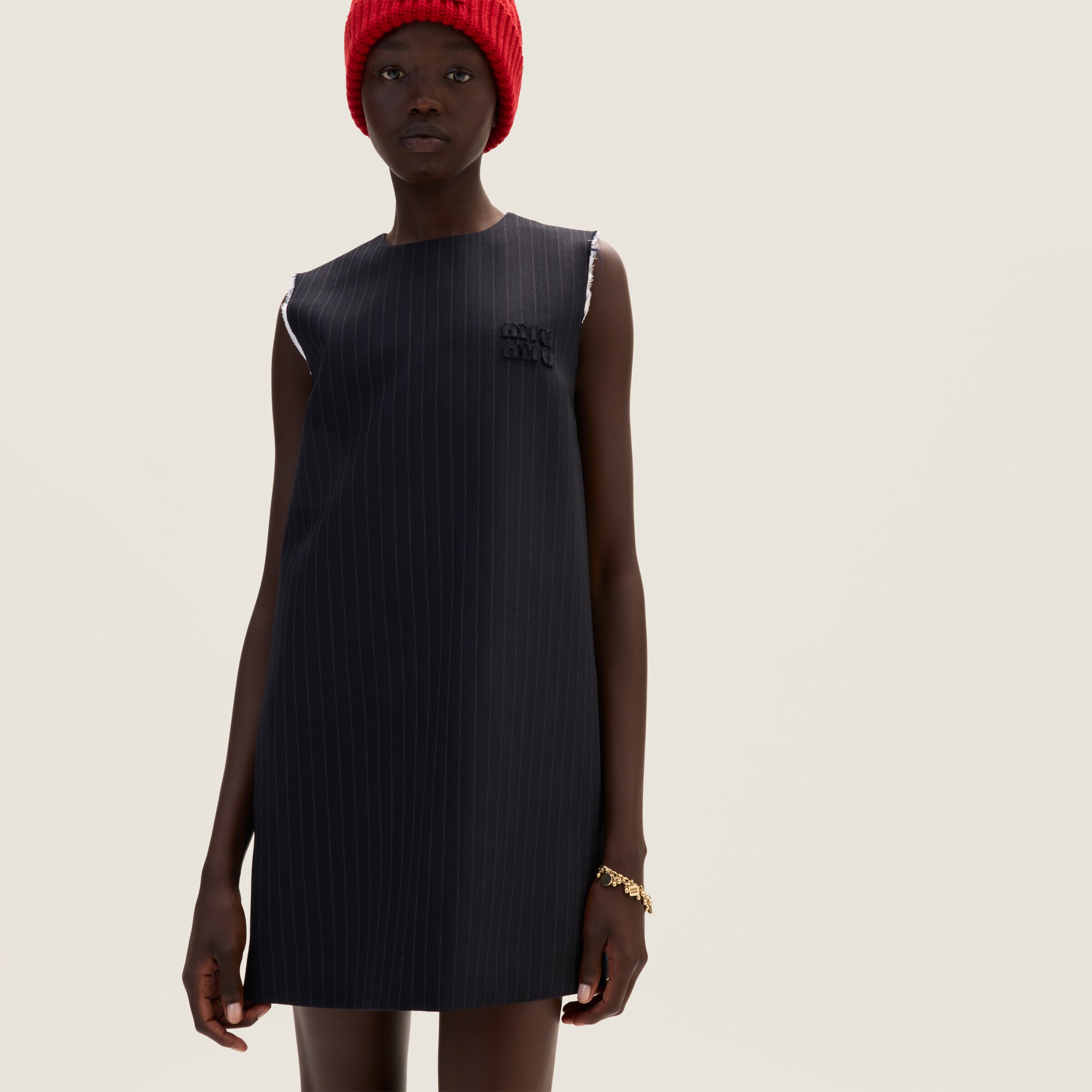 【関税無・国内発】 MIU MIU / Pinstripe Mini Dress Navy Pinstriped Dress | Miu Miu