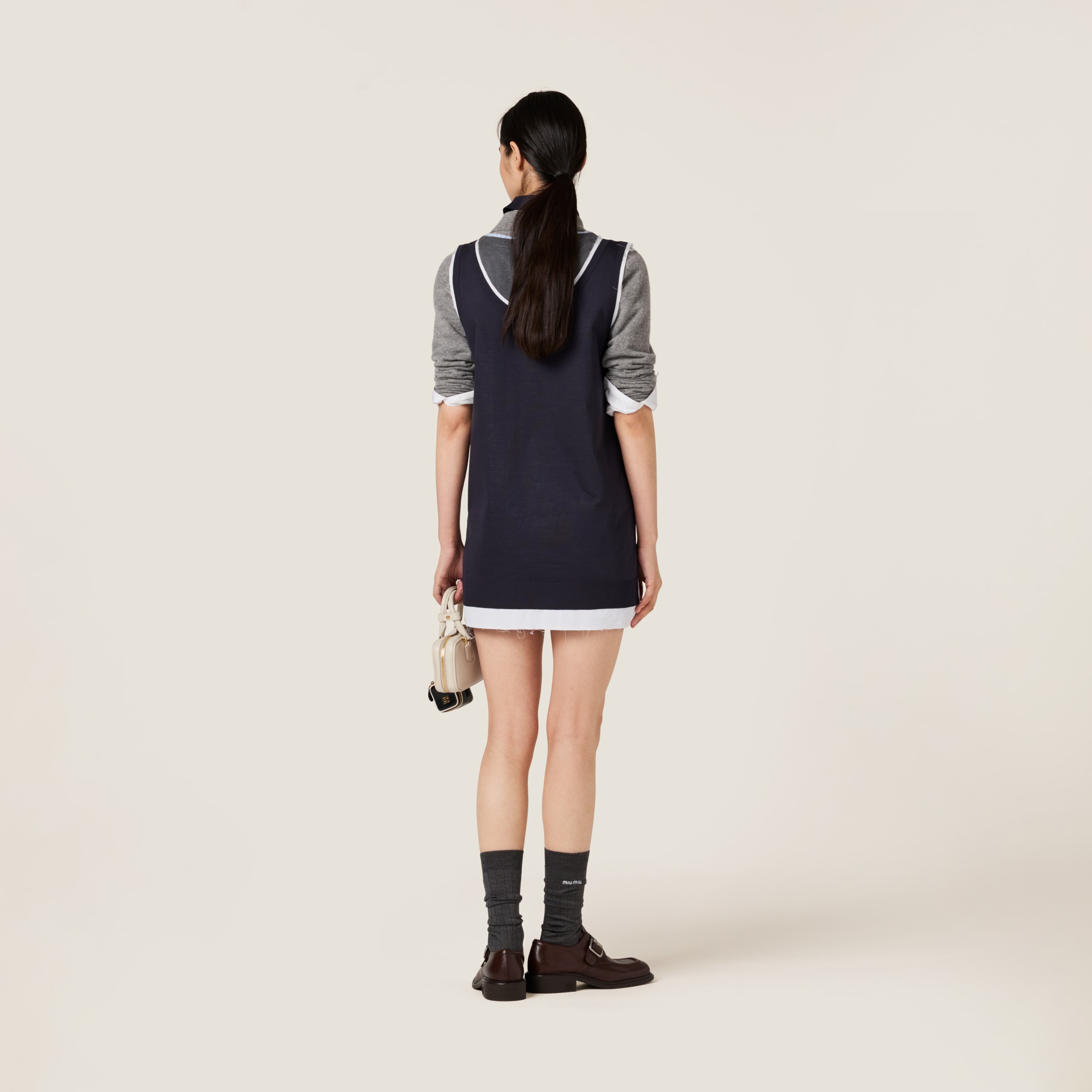 ワンピース MiuMiu DRESS (MF5497SOOO15Q9 F022X) Blue/white Knit And Poplin Mini-dress | Miu Miu