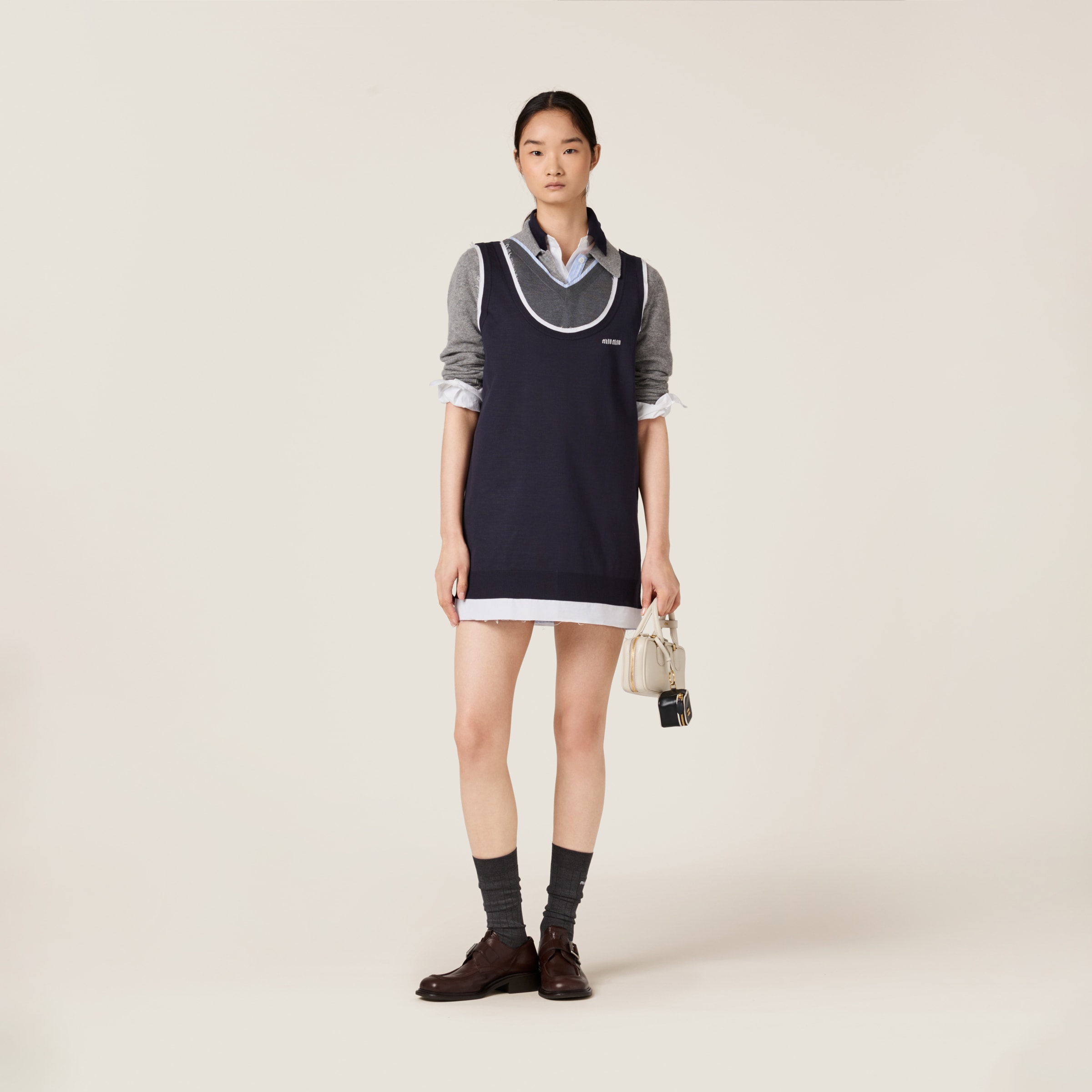Blue/white Knit And Poplin Mini-dress | Miu Miu