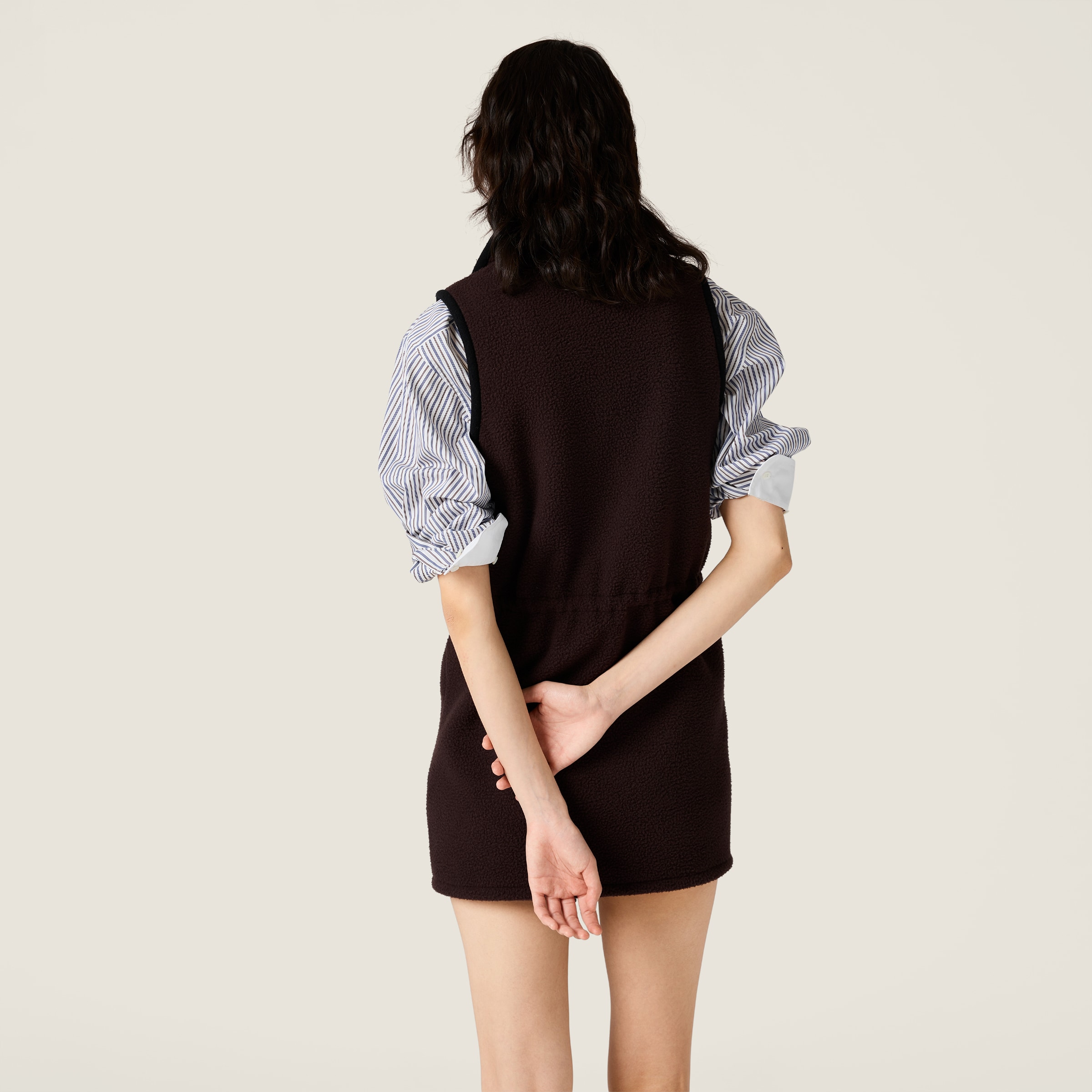 Miu Miu Mini Dress With Drawstring Waist And High Collar In Brown