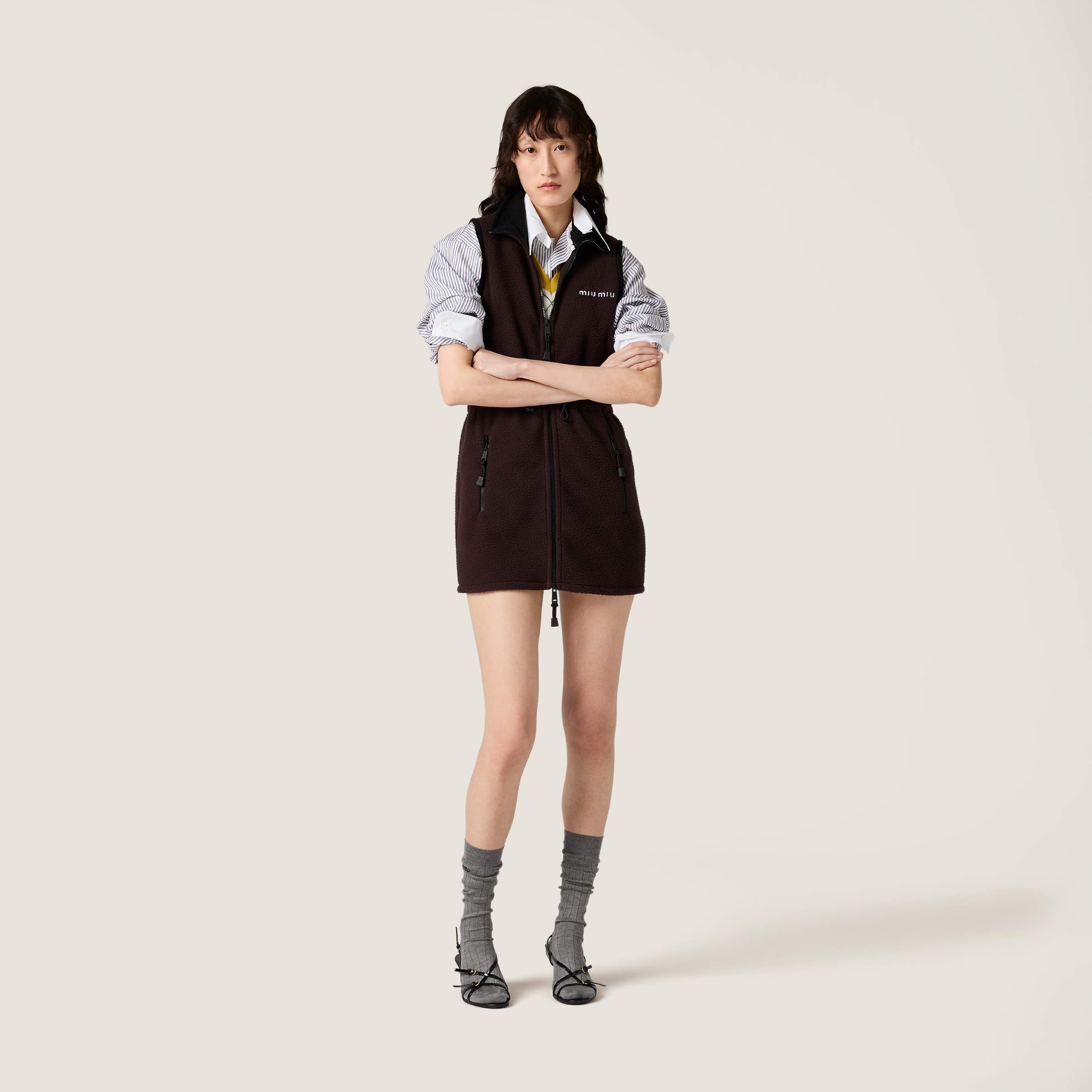 Miu Miu Mini Dress With Drawstring Waist And High Collar In Brown