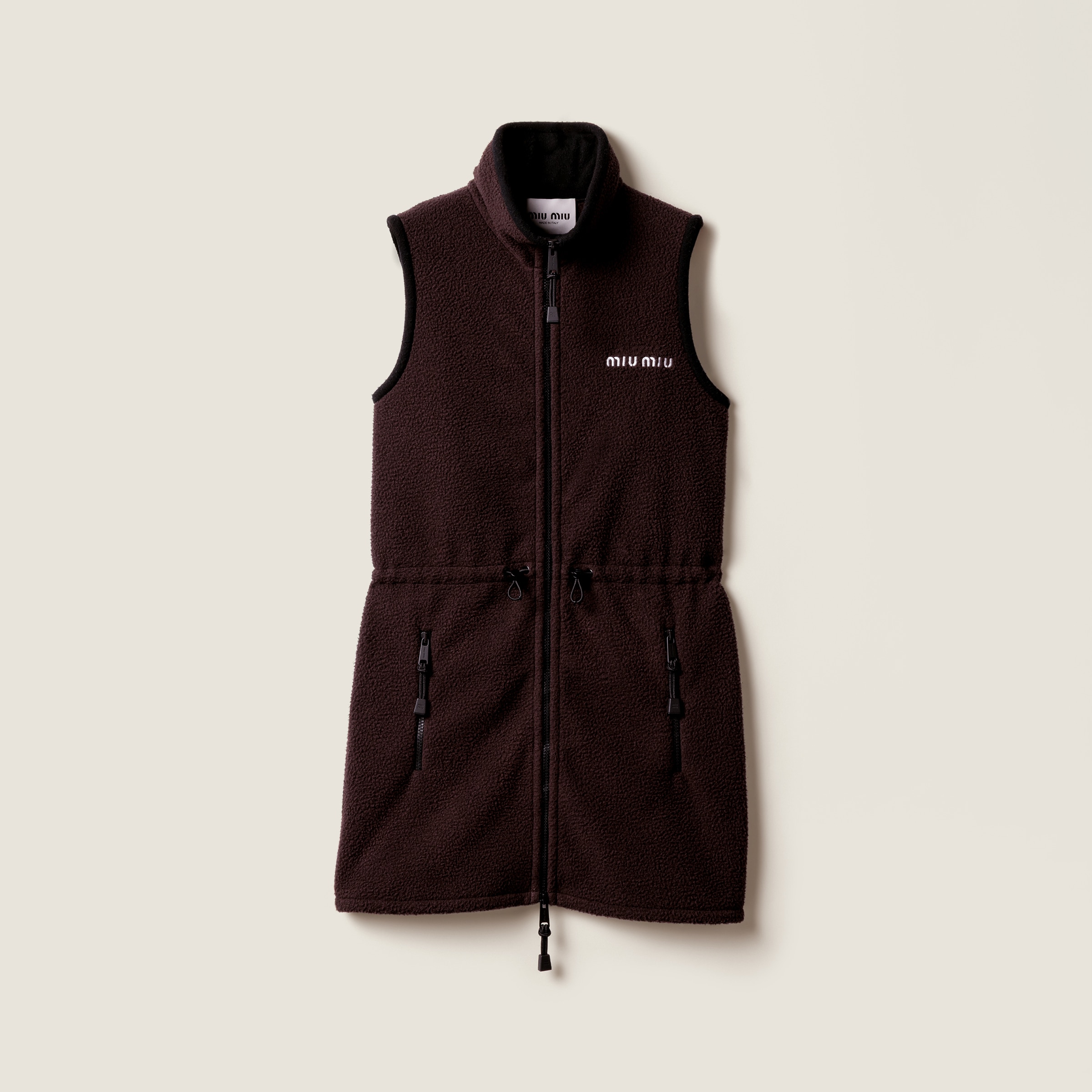 Miu Miu Mini Dress With Drawstring Waist And High Collar In Brown