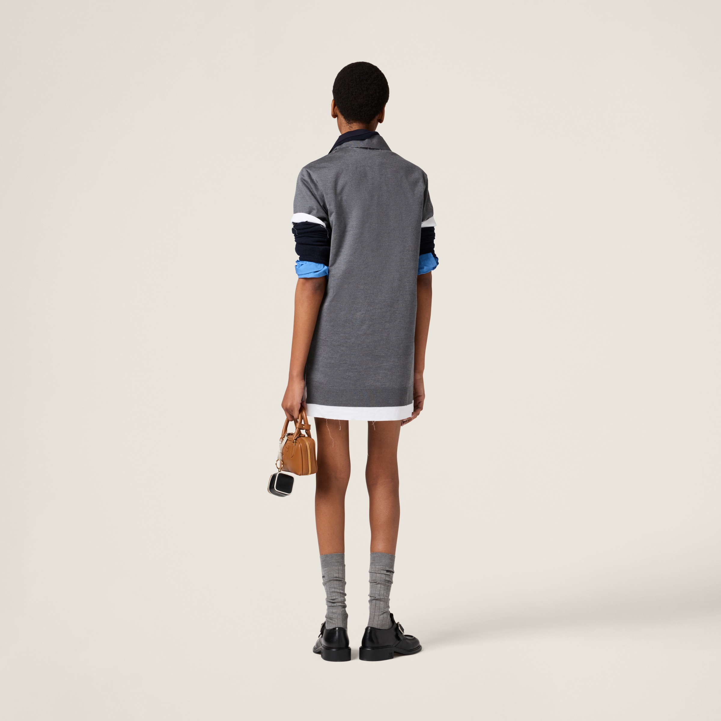 Slate Gray/white Knit And Poplin Mini-dress | Miu Miu