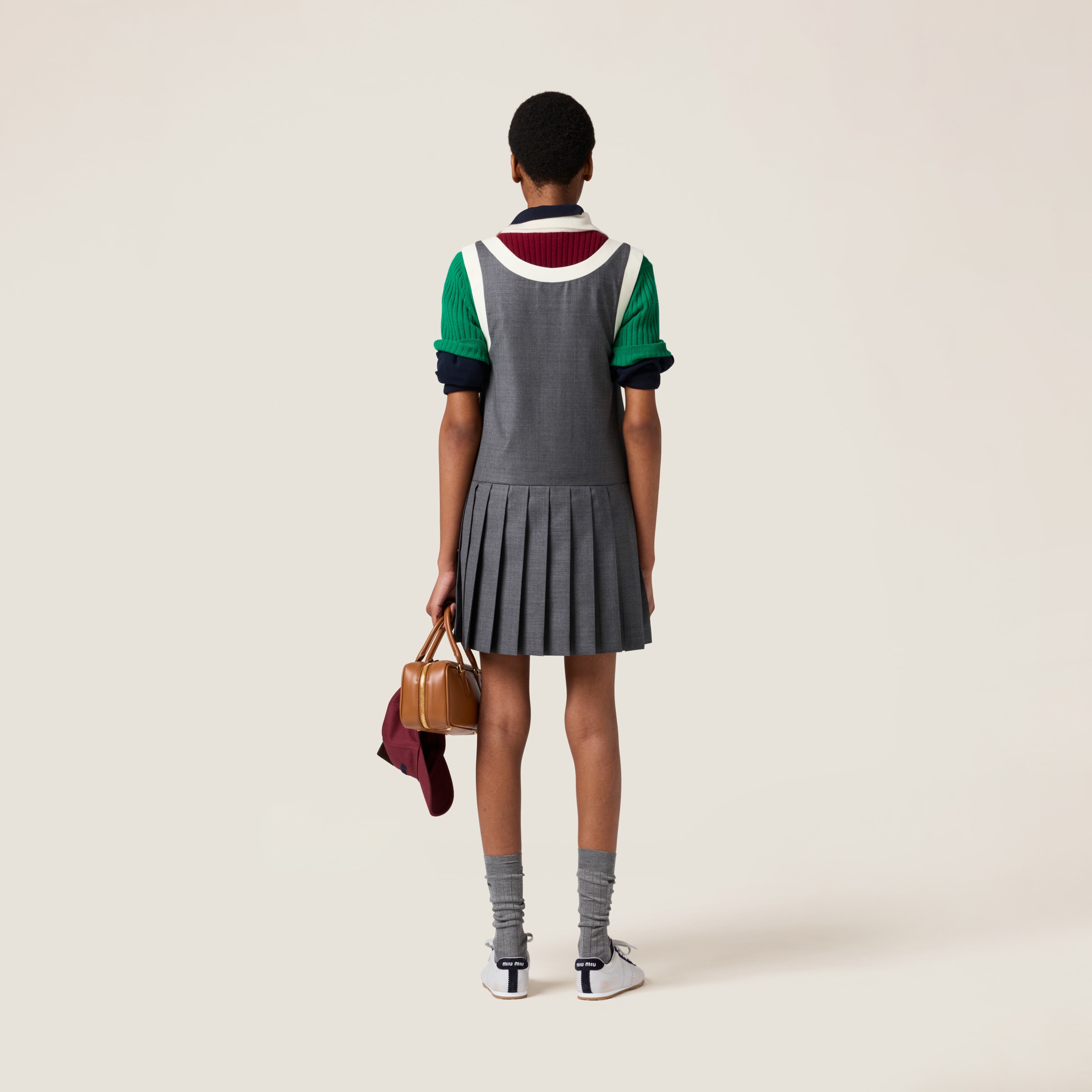 Miu Miu Pleated Grisaille Mini-dress In Slate Gray