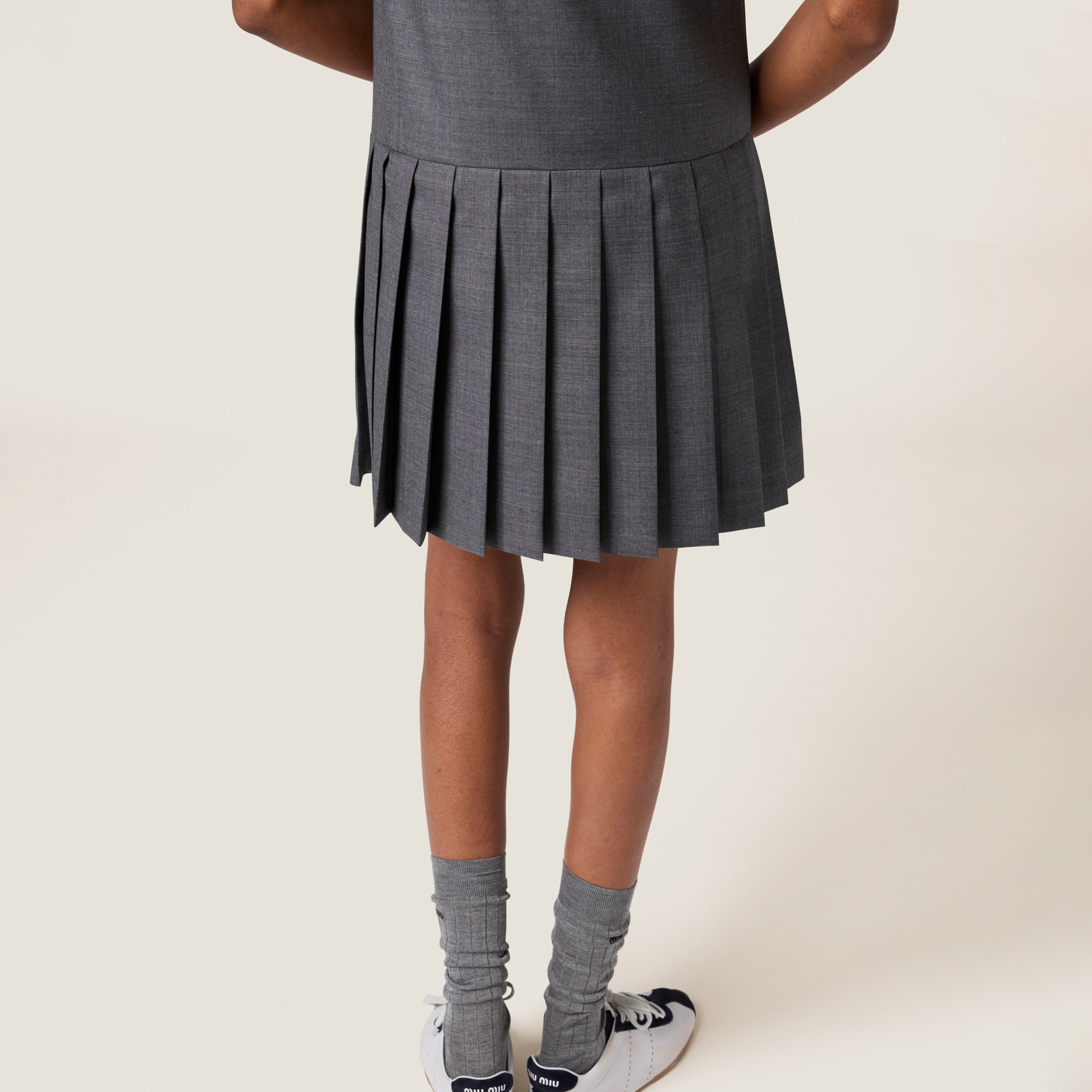 Miu Miu Pleated Grisaille Mini-dress In Slate Gray
