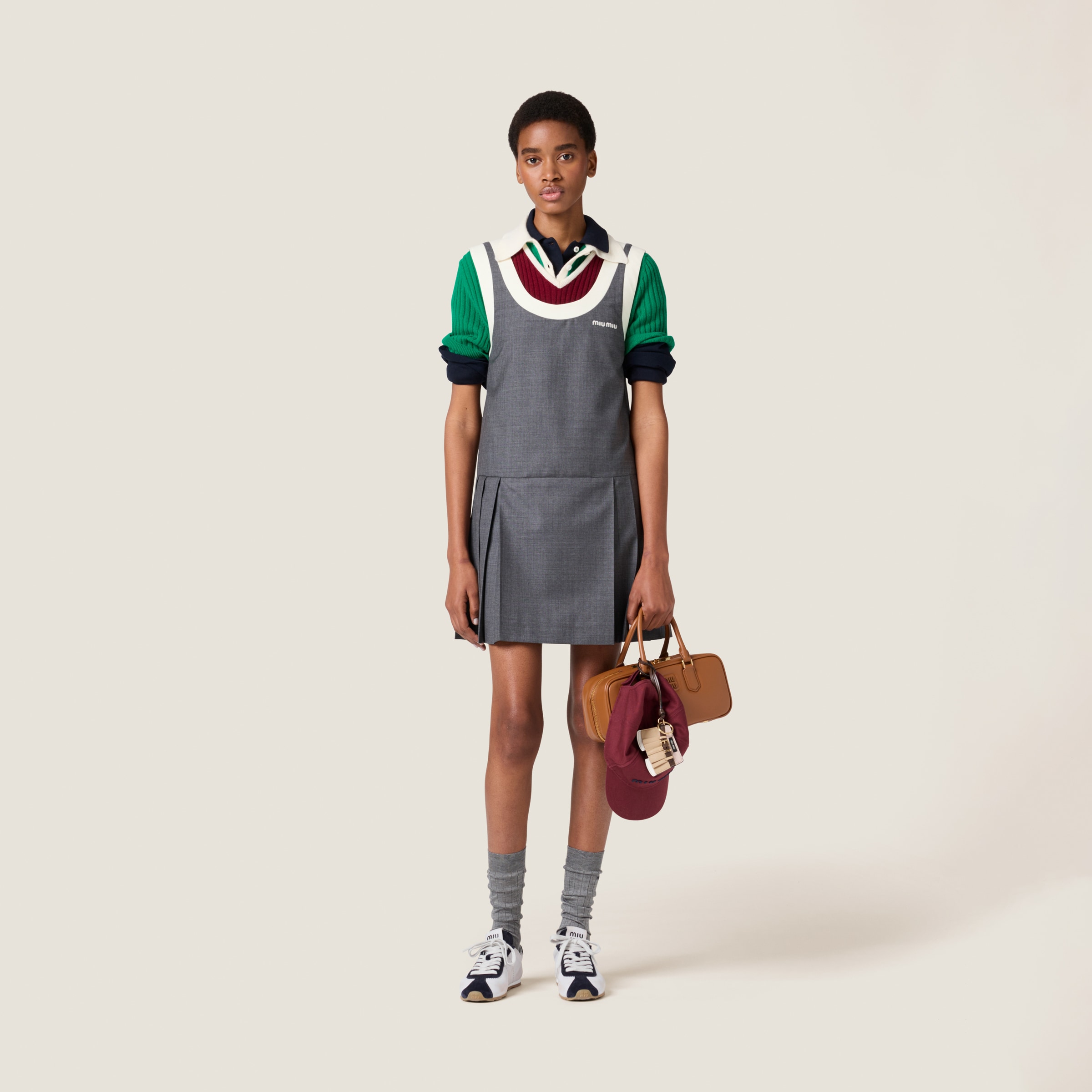 Miu Miu Pleated Grisaille Mini-dress In Slate Gray