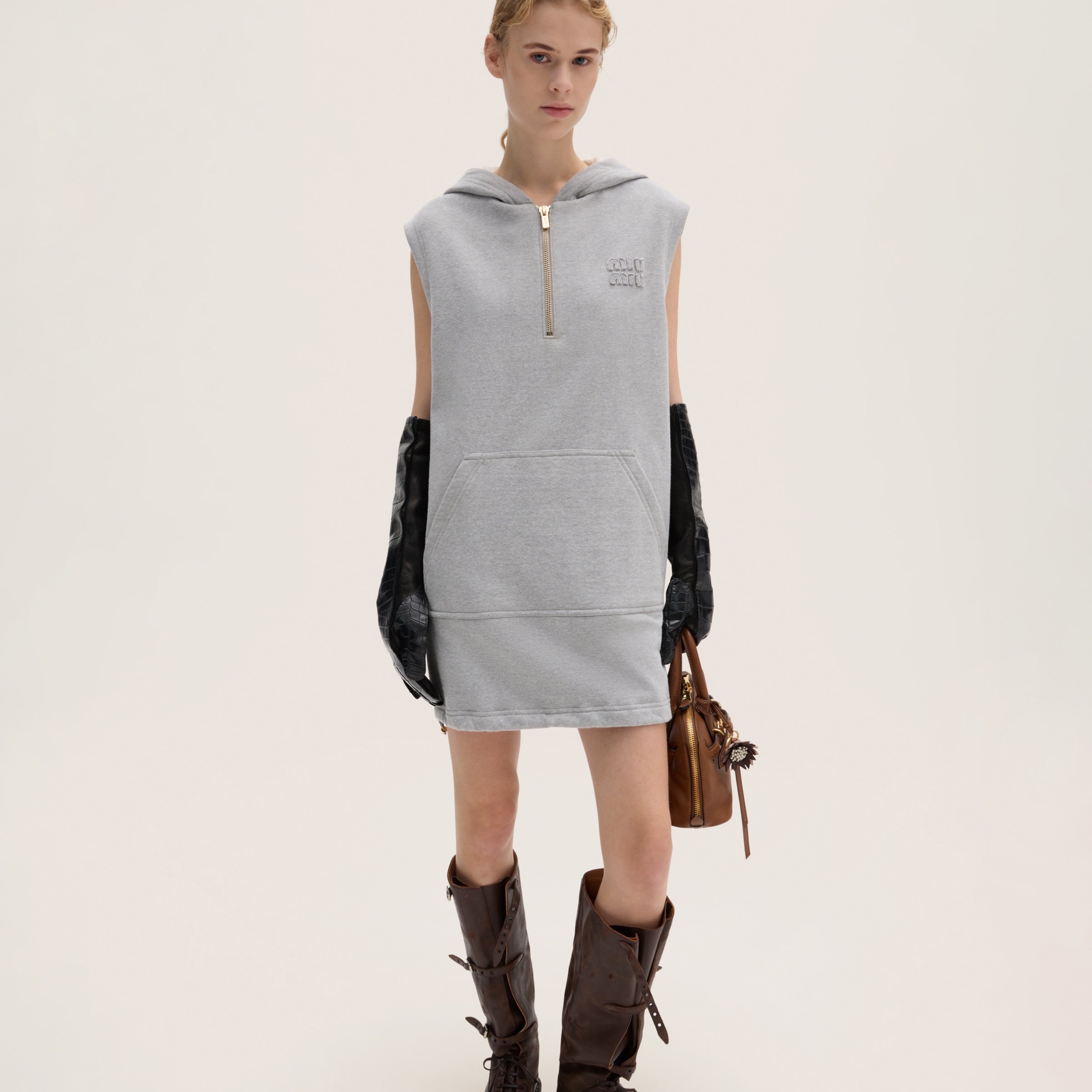 Grey Cotton Fleece Hoodie Dress | Miu Miu Grey Cotton Fleece Hoodie Dress | Miu Miu