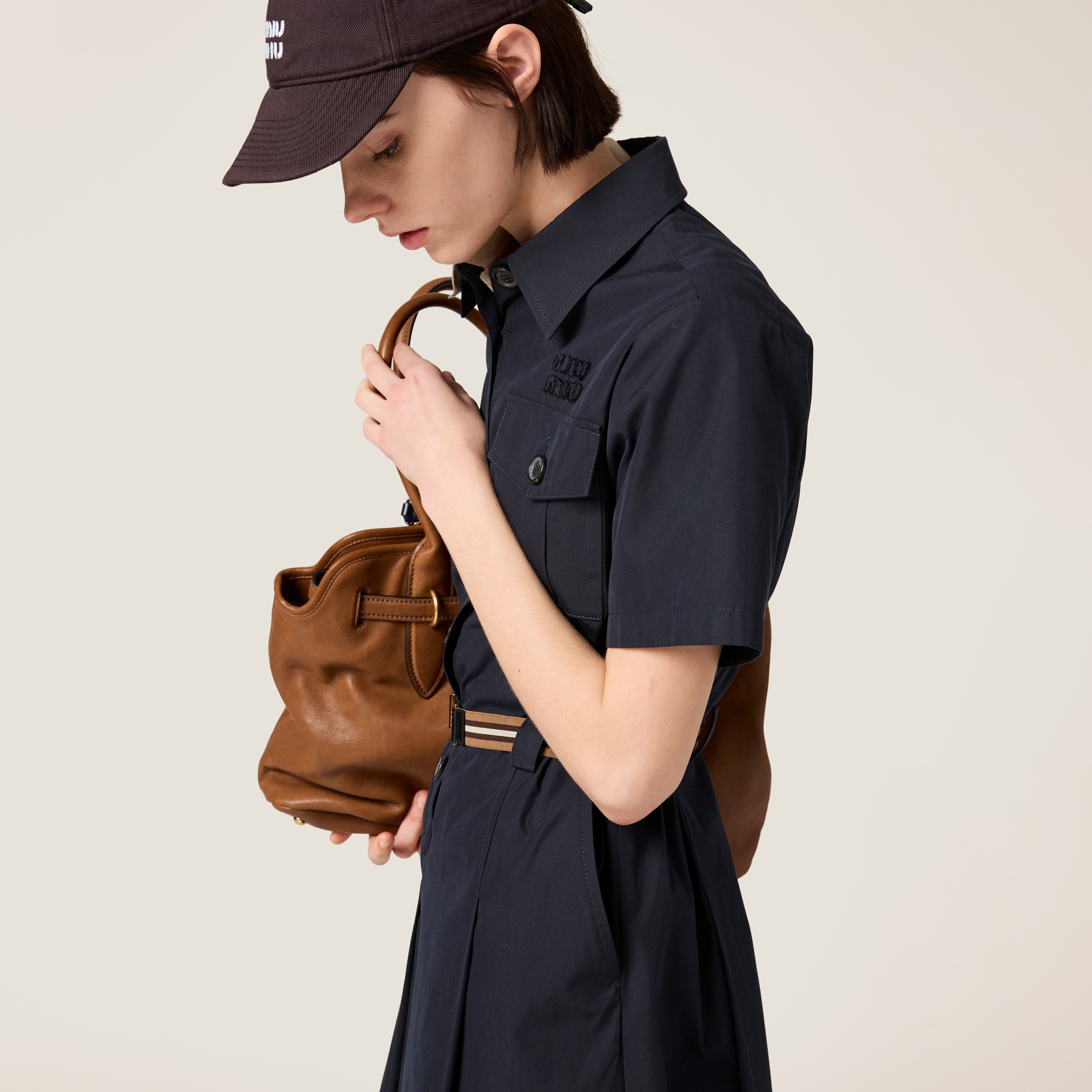 新作☆直営店 MiuMiu パナマコットン ドレス ワンピース MF5710 ネイビー パナマコットン ドレス | Miu Miu