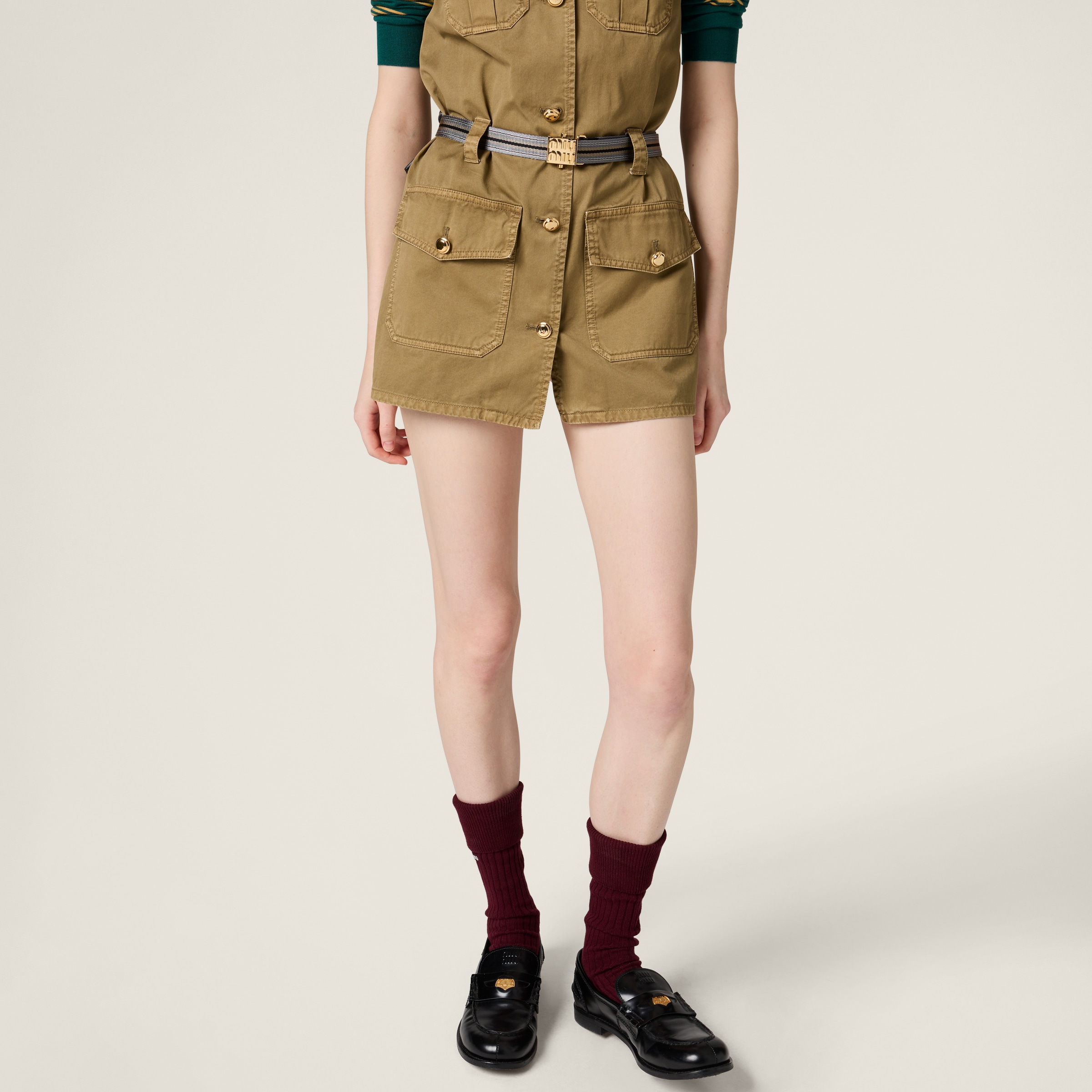 【MIUMIU】ガーメントダイ コットンサタンドレス/関税送料込み オリーブ ガーメントダイ コットンサテン ドレス | Miu Miu