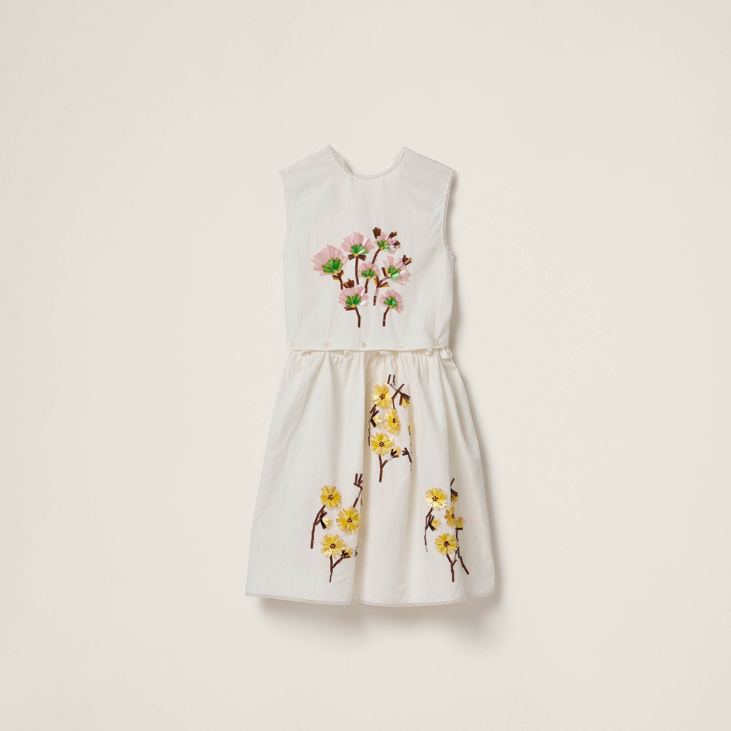Miu Miu Embroidered Poplin Dress In White/yellow